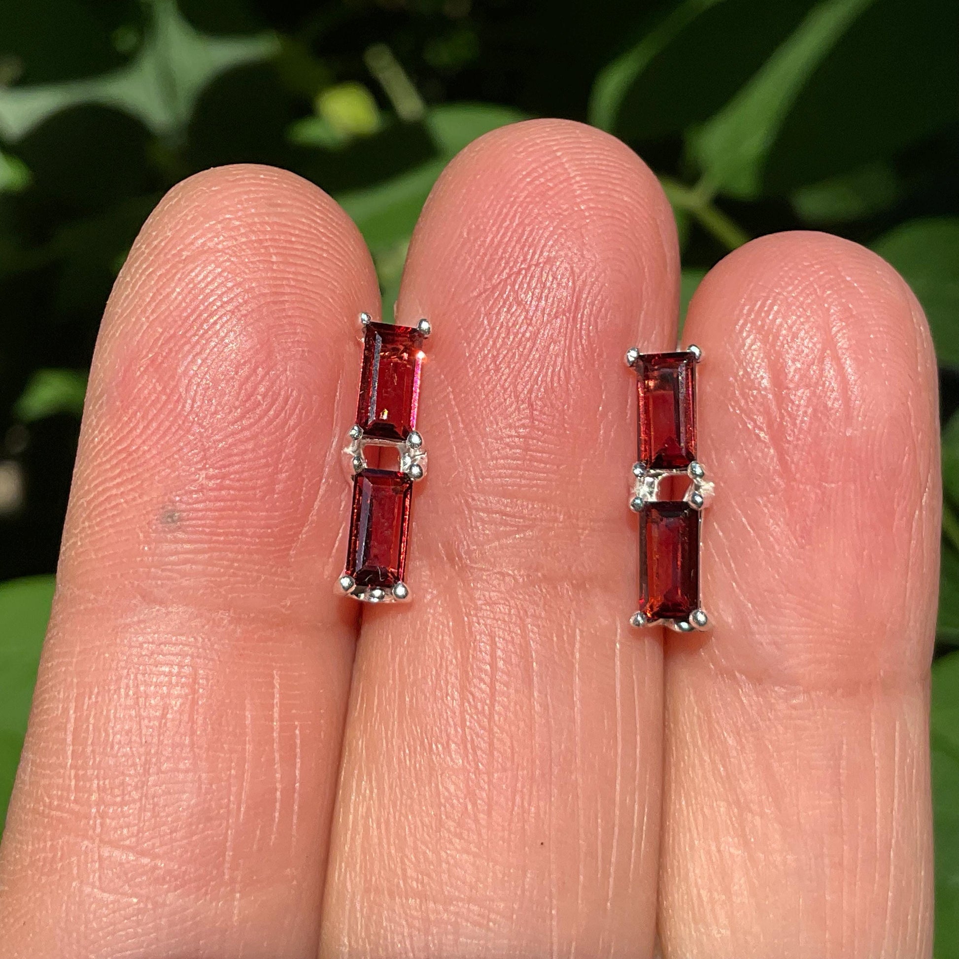 sterling Silver natural Red garnet baguette post earrings Colors Of Etnika
