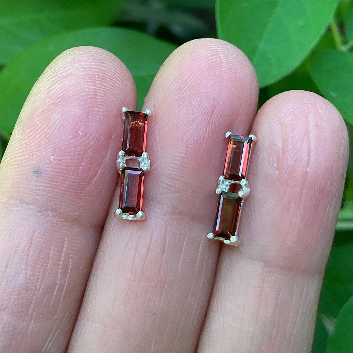 sterling Silver natural Red garnet baguette post earrings Colors Of Etnika