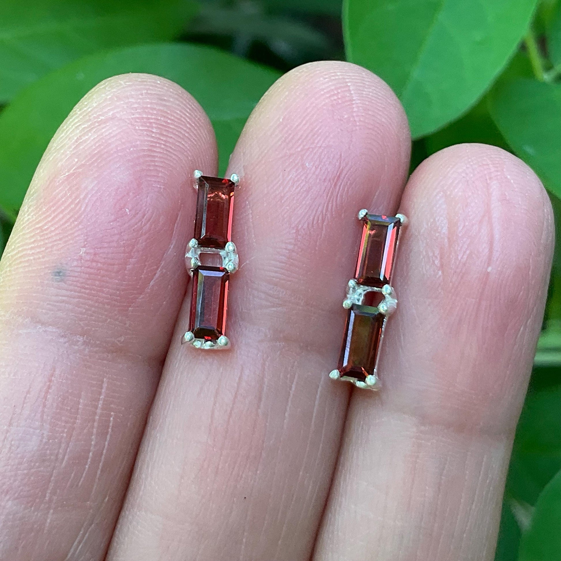 sterling Silver natural Red garnet baguette post earrings Colors Of Etnika