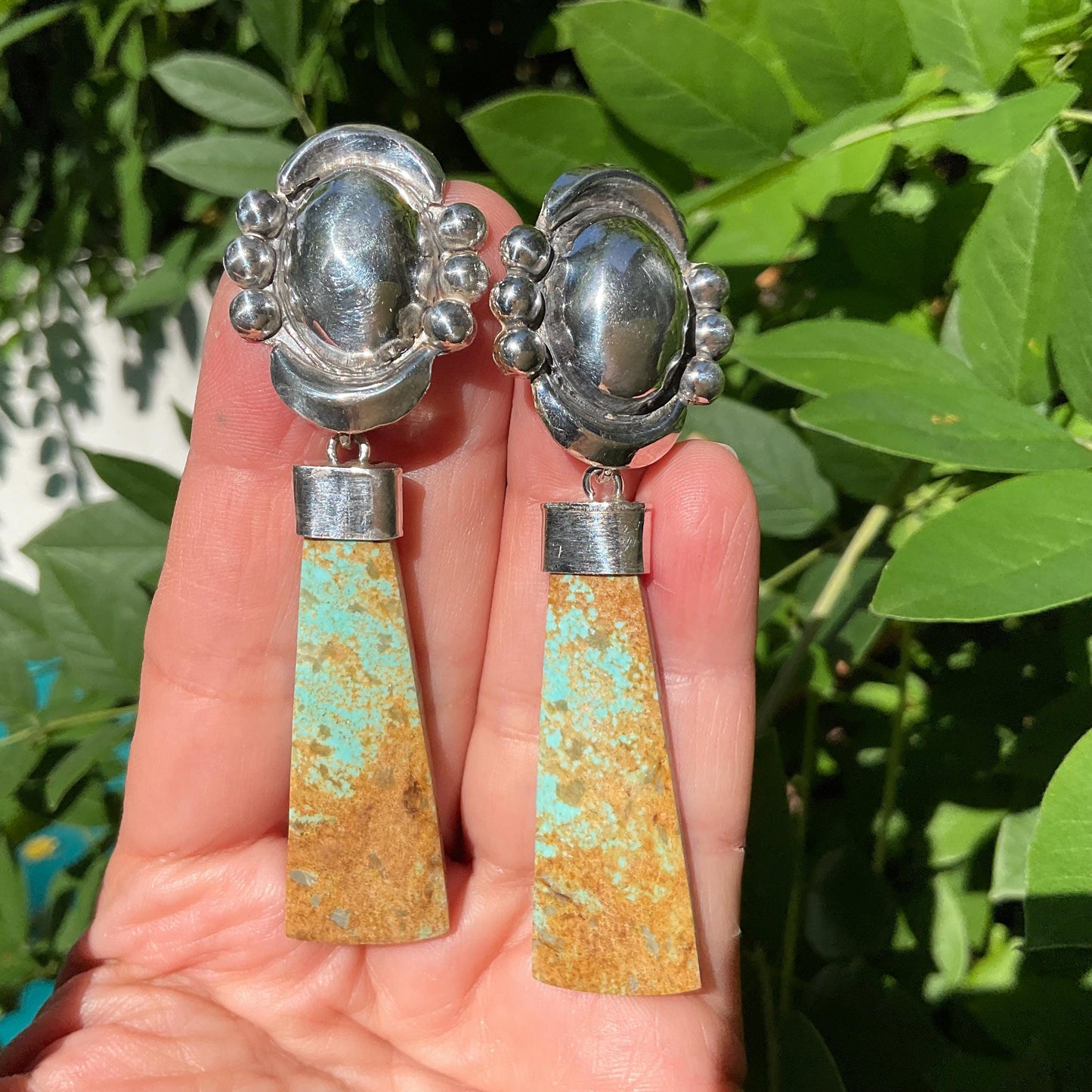 Sterling Silver repousse turquoise long dangle earrings Colors Of Etnika