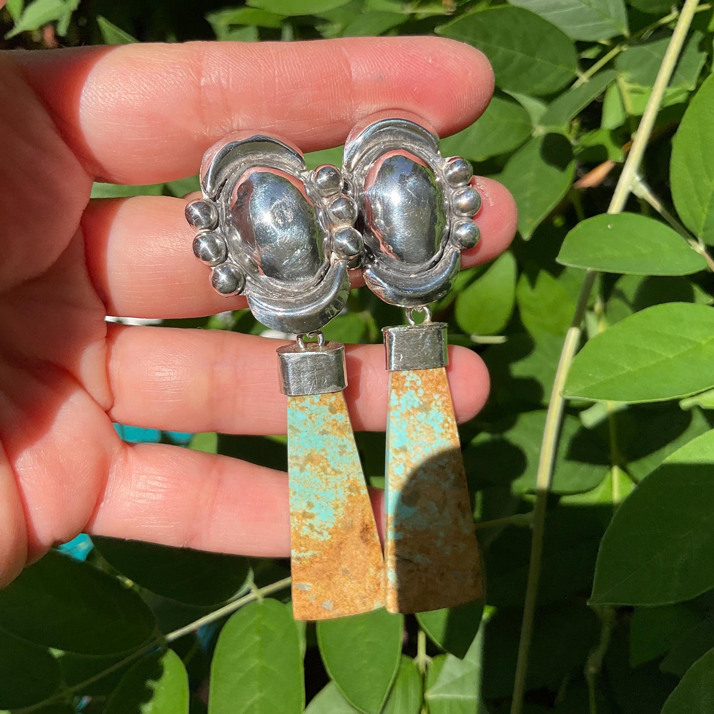 Sterling Silver repousse turquoise long dangle earrings Colors Of Etnika
