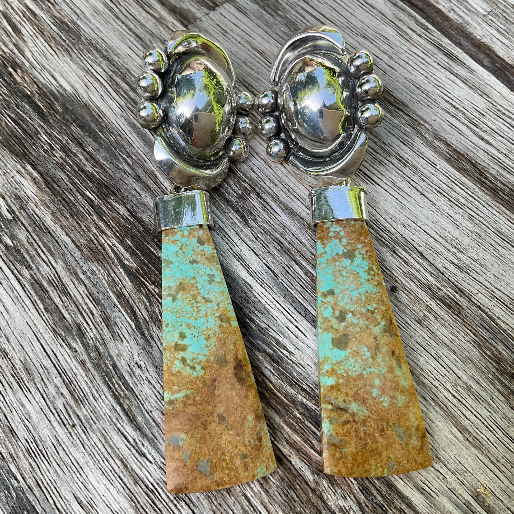 Sterling Silver repousse turquoise long dangle earrings Colors Of Etnika