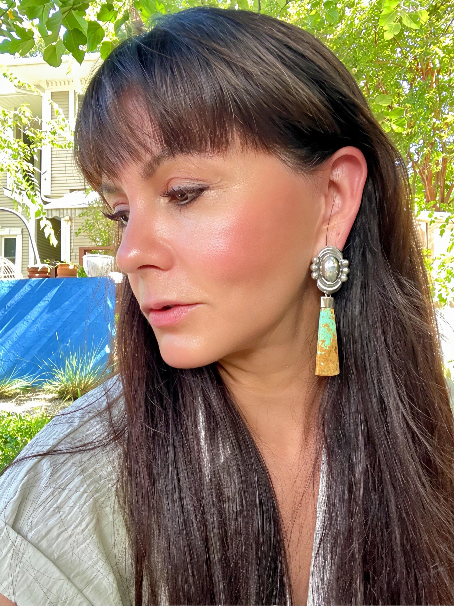 Sterling Silver repousse turquoise long dangle earrings Colors Of Etnika