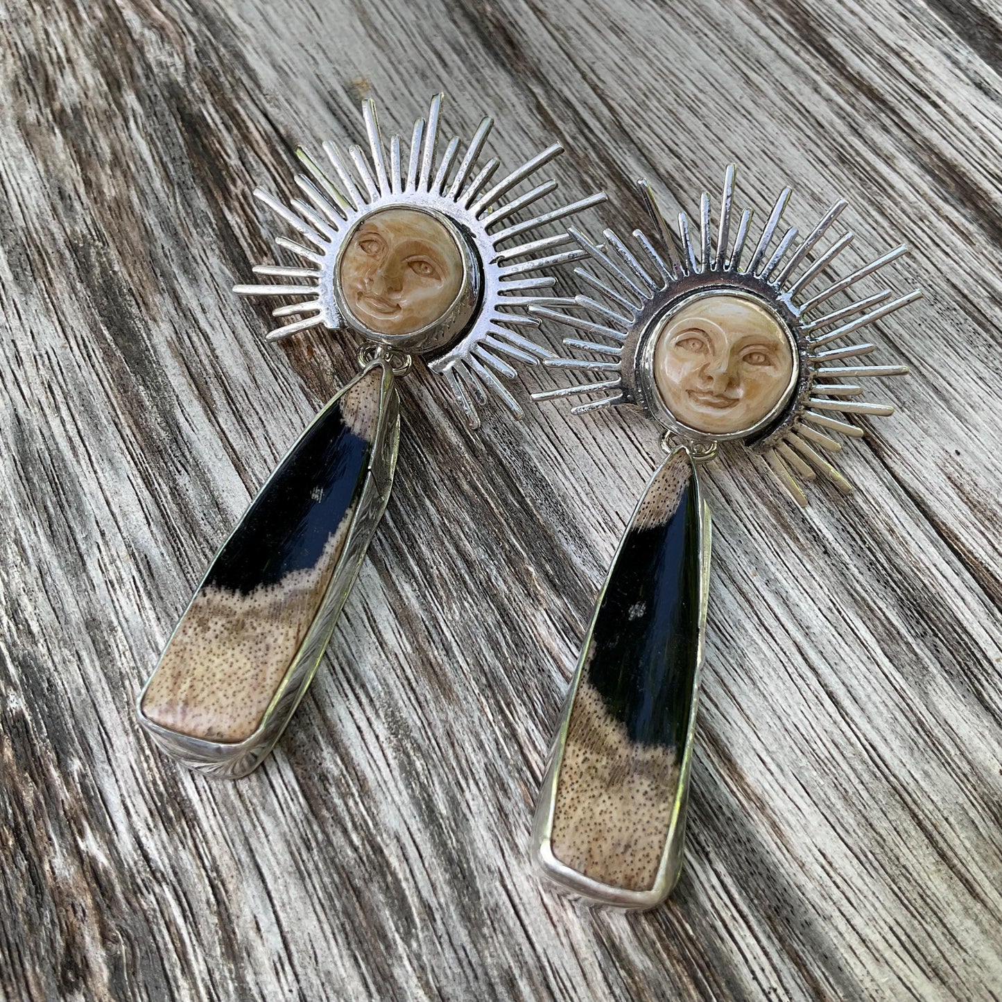 Sterling Silver carved sunburst long dangle earrings Colors Of Etnika