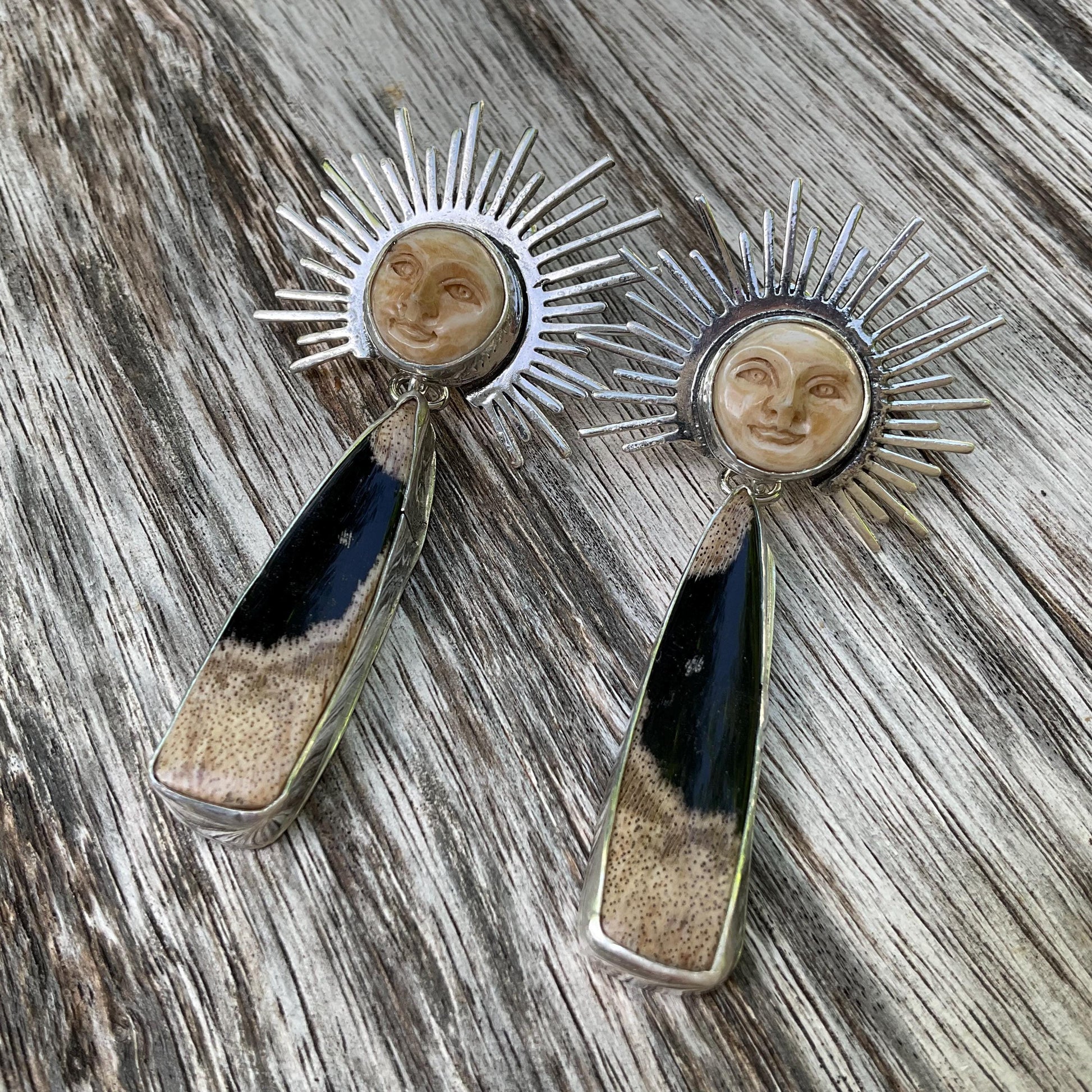 Sterling Silver carved sunburst long dangle earrings Colors Of Etnika