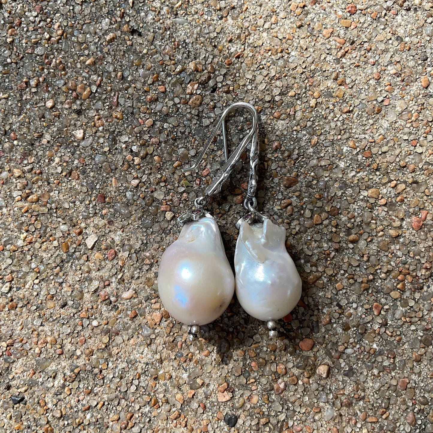 Sterling Silver white natural baroque pearl Rhodolite Earrings Colors Of Etnika