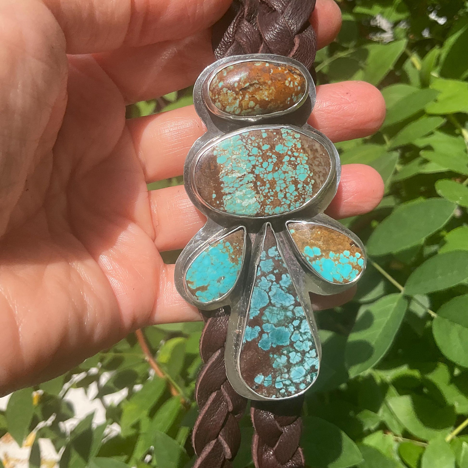 Sterling silver braided turquoise oversize bolo tie necklace Colors Of Etnika