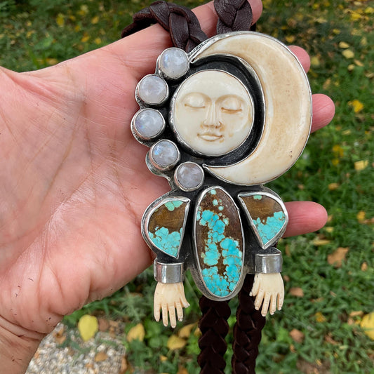 Sterling silver turquoise man on the moon art oversize bolo tie necklace Colors Of Etnika