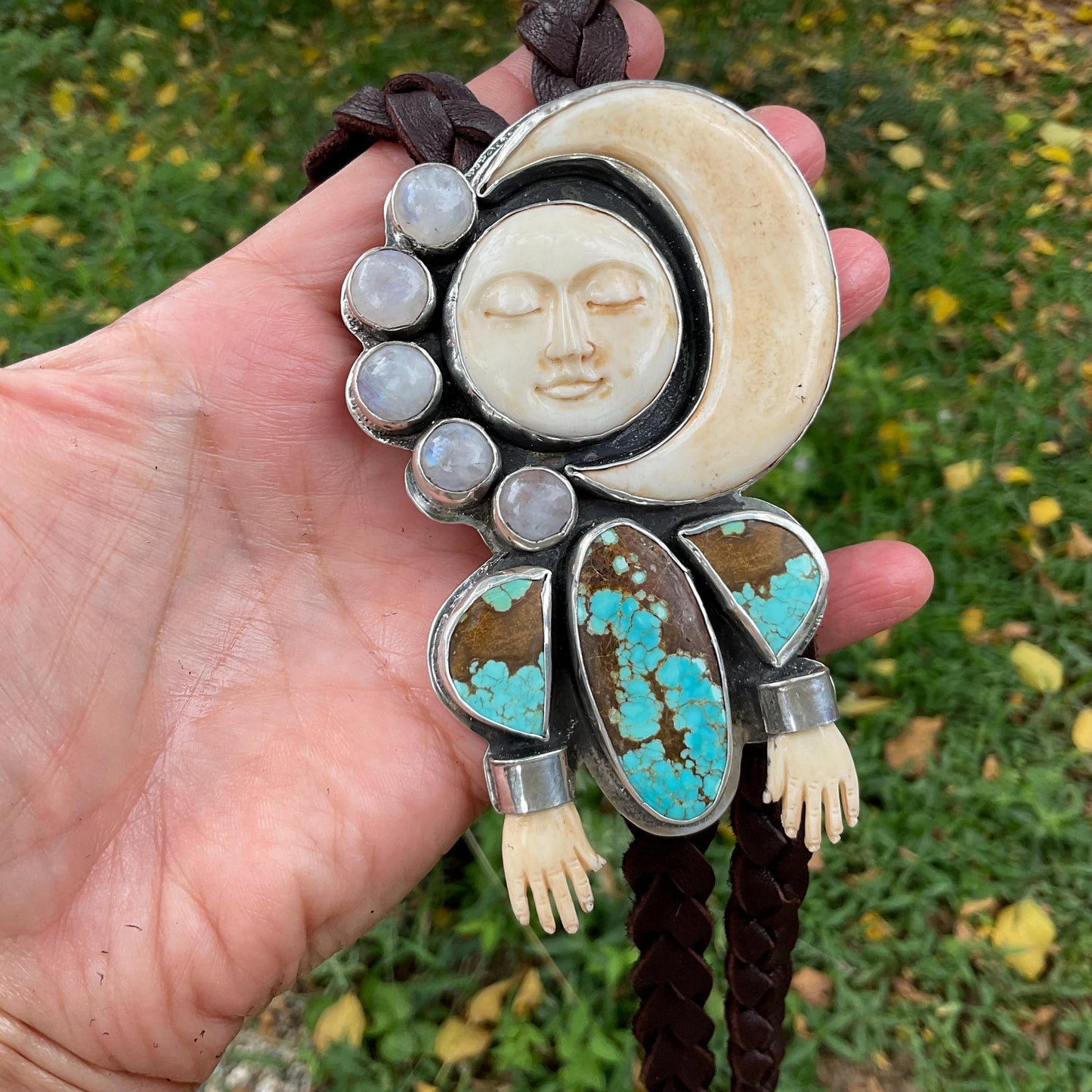 Sterling silver turquoise man on the moon art oversize bolo tie necklace Colors Of Etnika