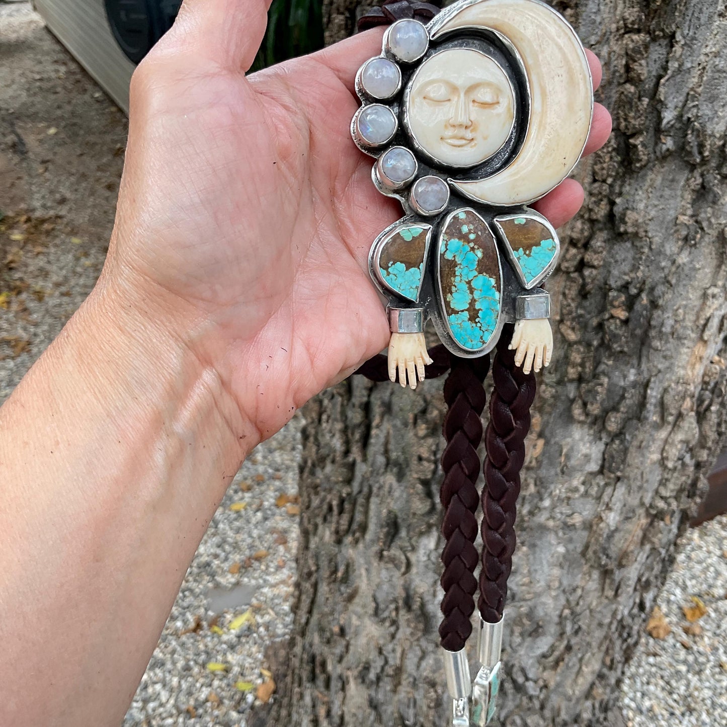 Sterling silver turquoise man on the moon art oversize bolo tie necklace Colors Of Etnika