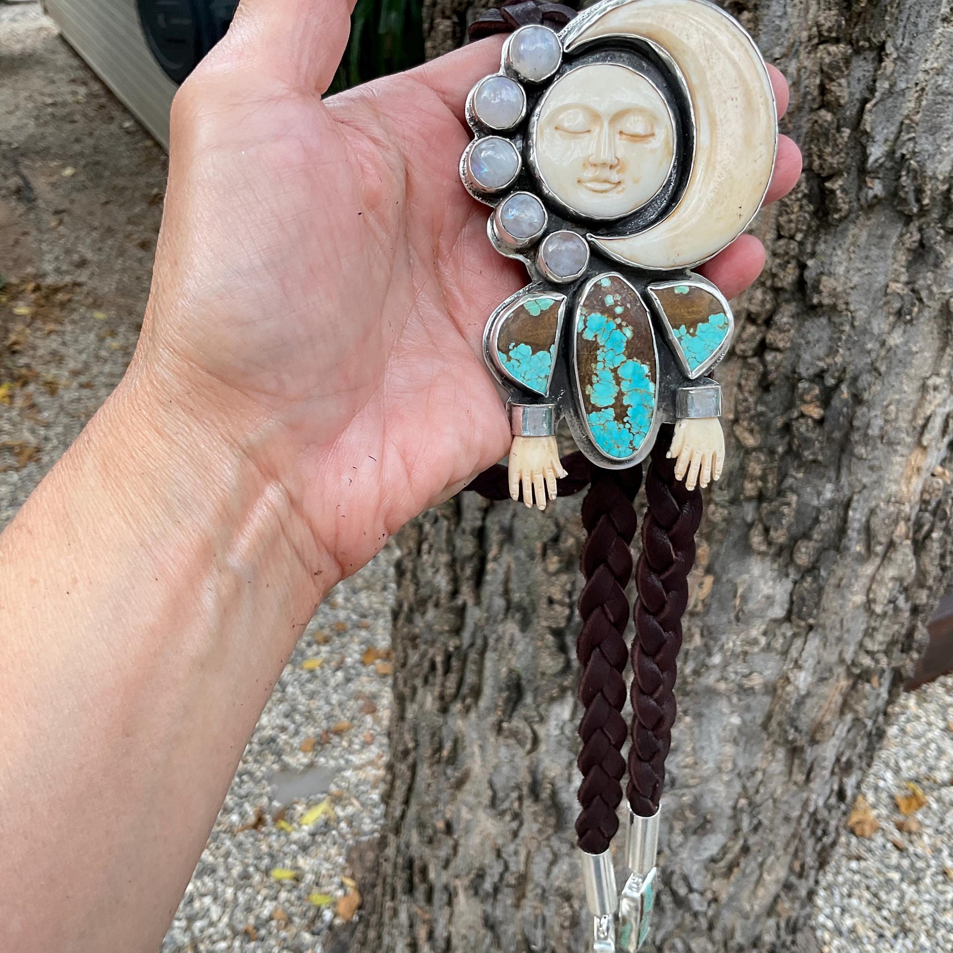 Sterling silver turquoise man on the moon art oversize bolo tie necklace Colors Of Etnika