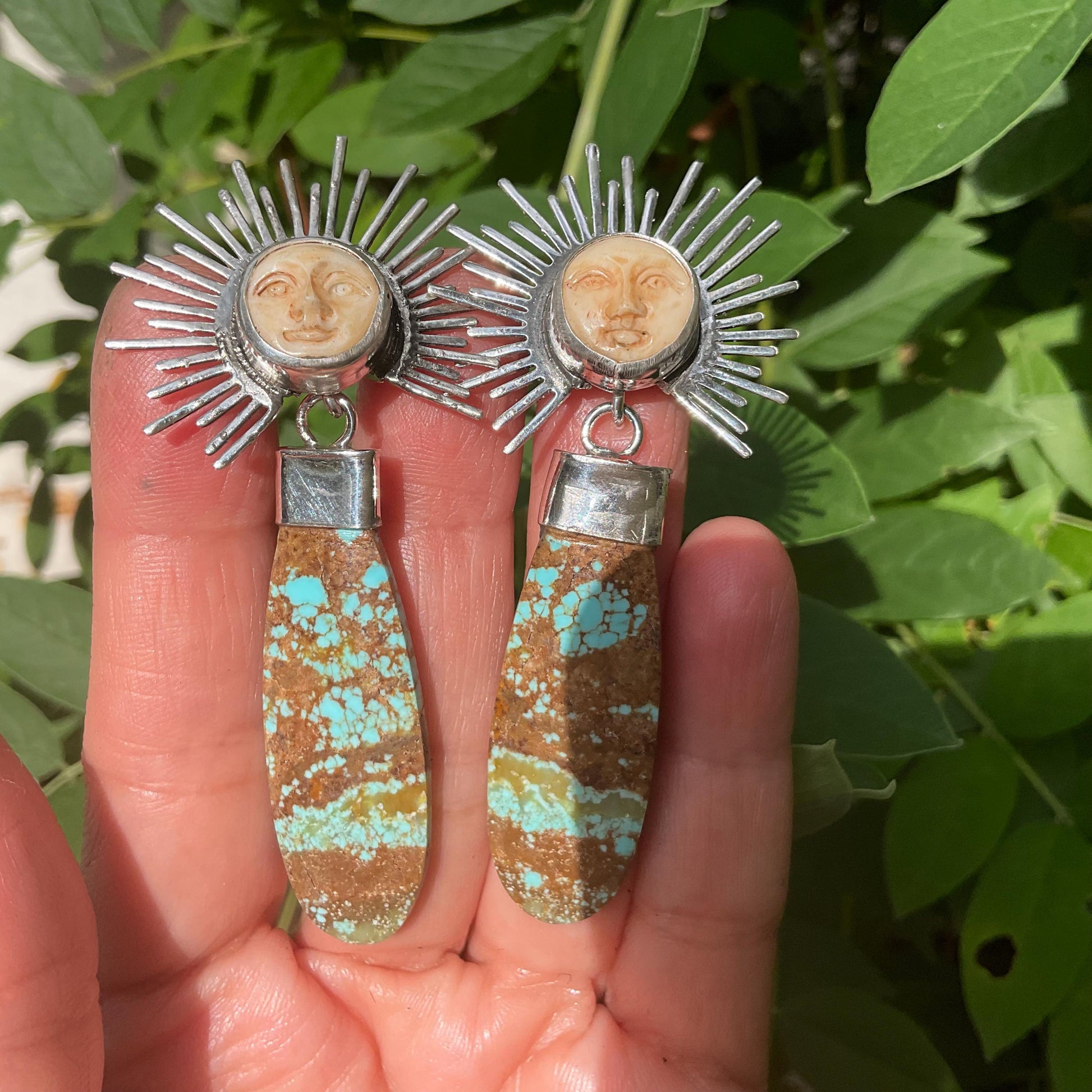 Sterling Silver carved sunburst turquoise long dangle earrings Colors Of Etnika