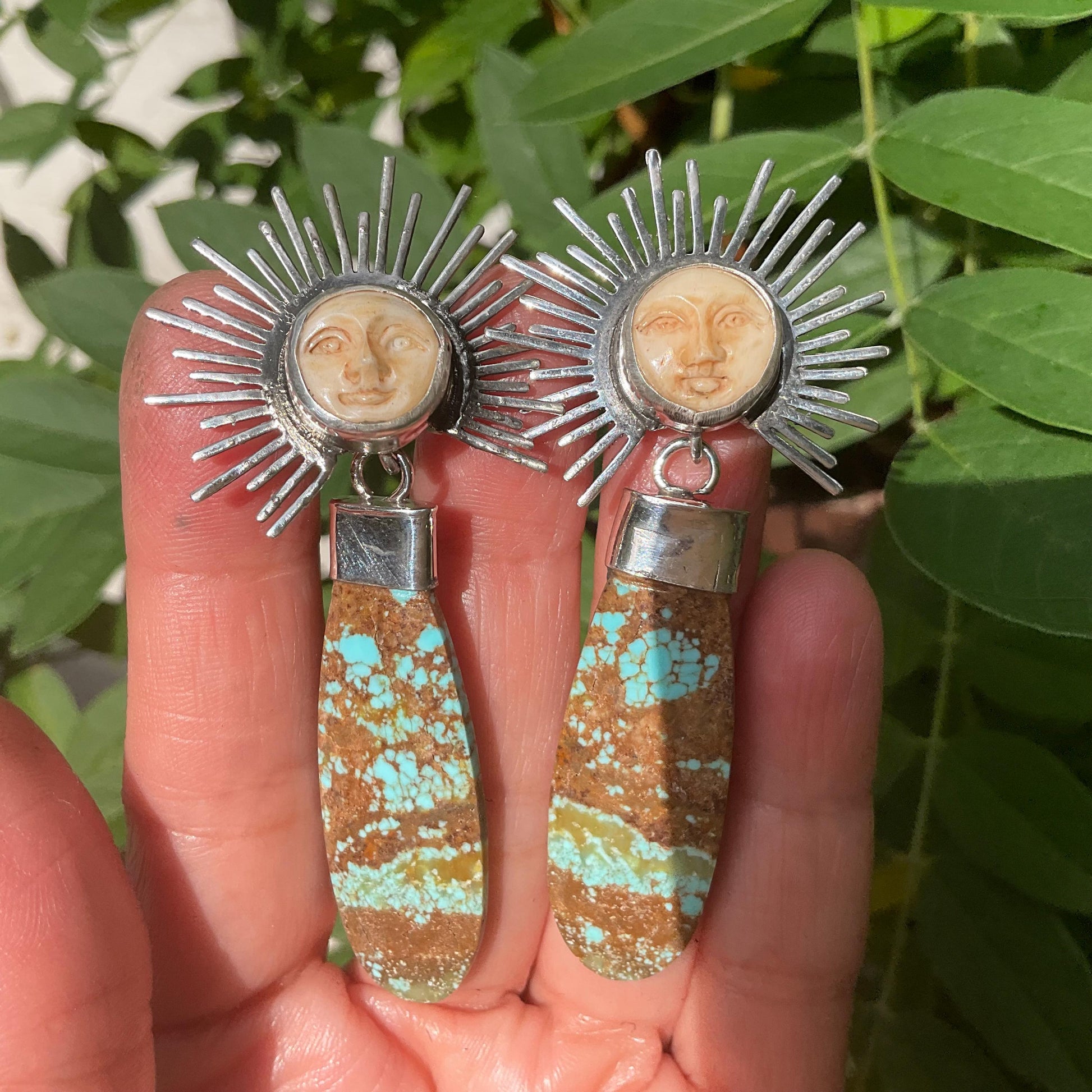 Sterling Silver carved sunburst turquoise long dangle earrings Colors Of Etnika