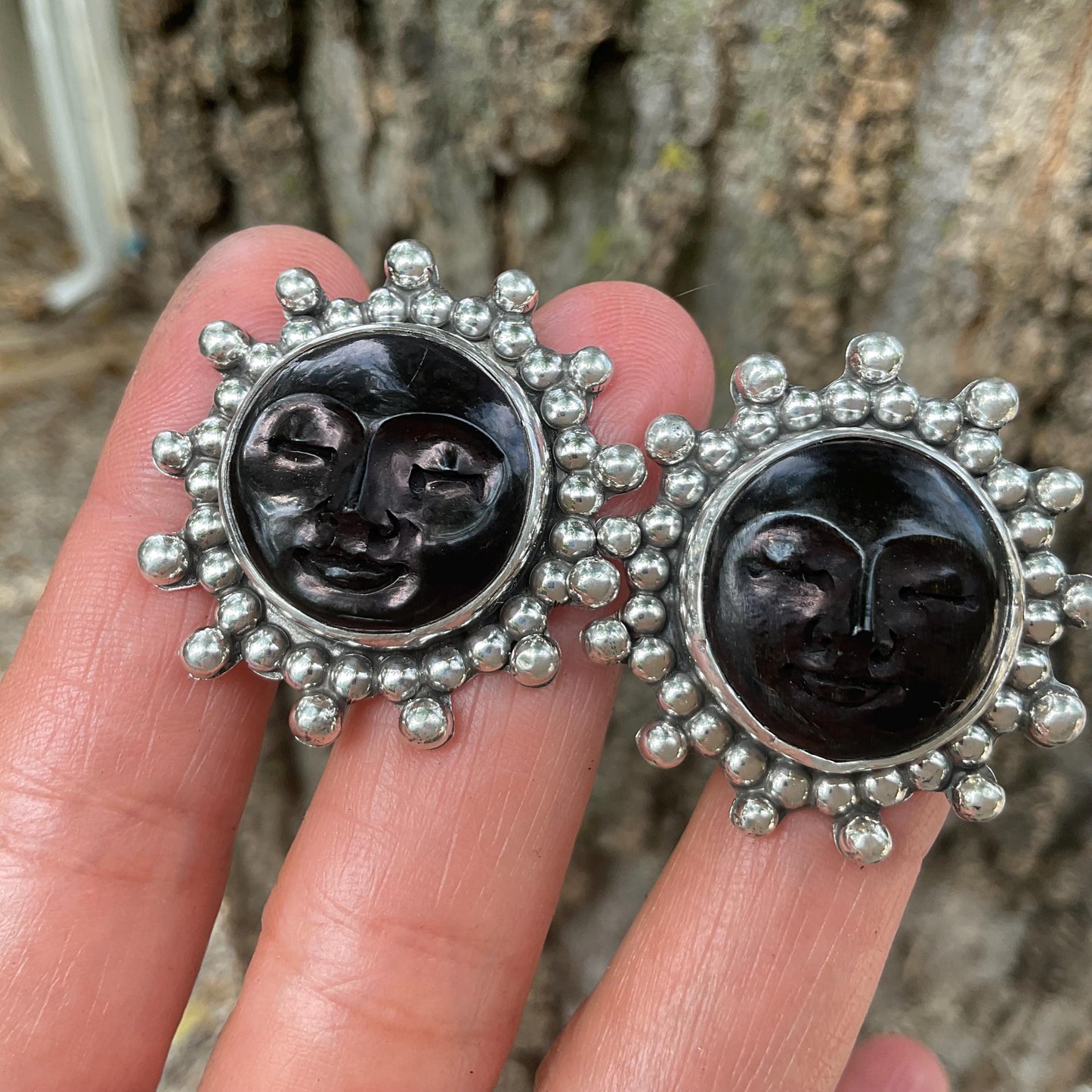 Sterling Silver carved black horn sunburst post earrings Colors Of Etnika