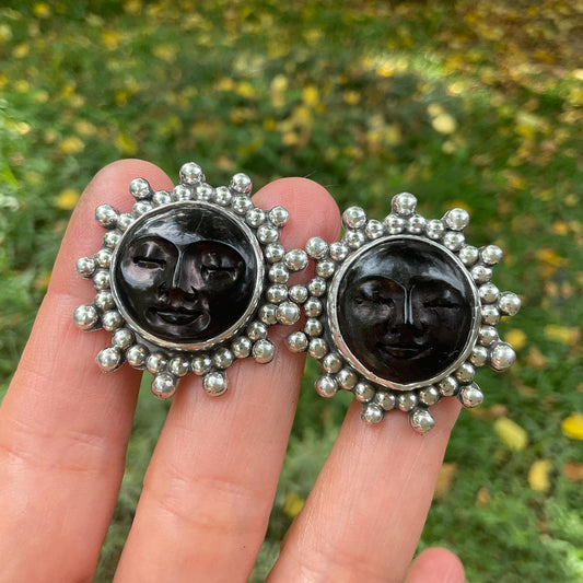 Sterling Silver carved black horn sunburst post earrings Colors Of Etnika