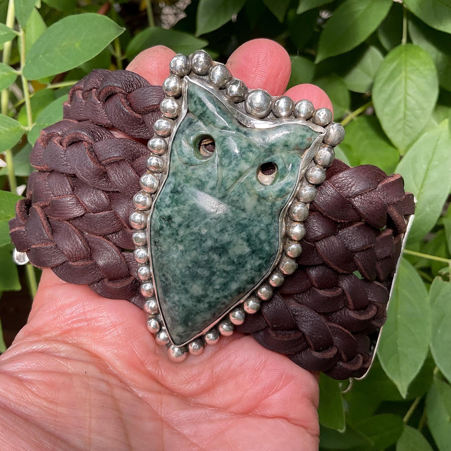 sterling silver oversize Guatemalan Jade Owl leather bracelet Colors Of Etnika