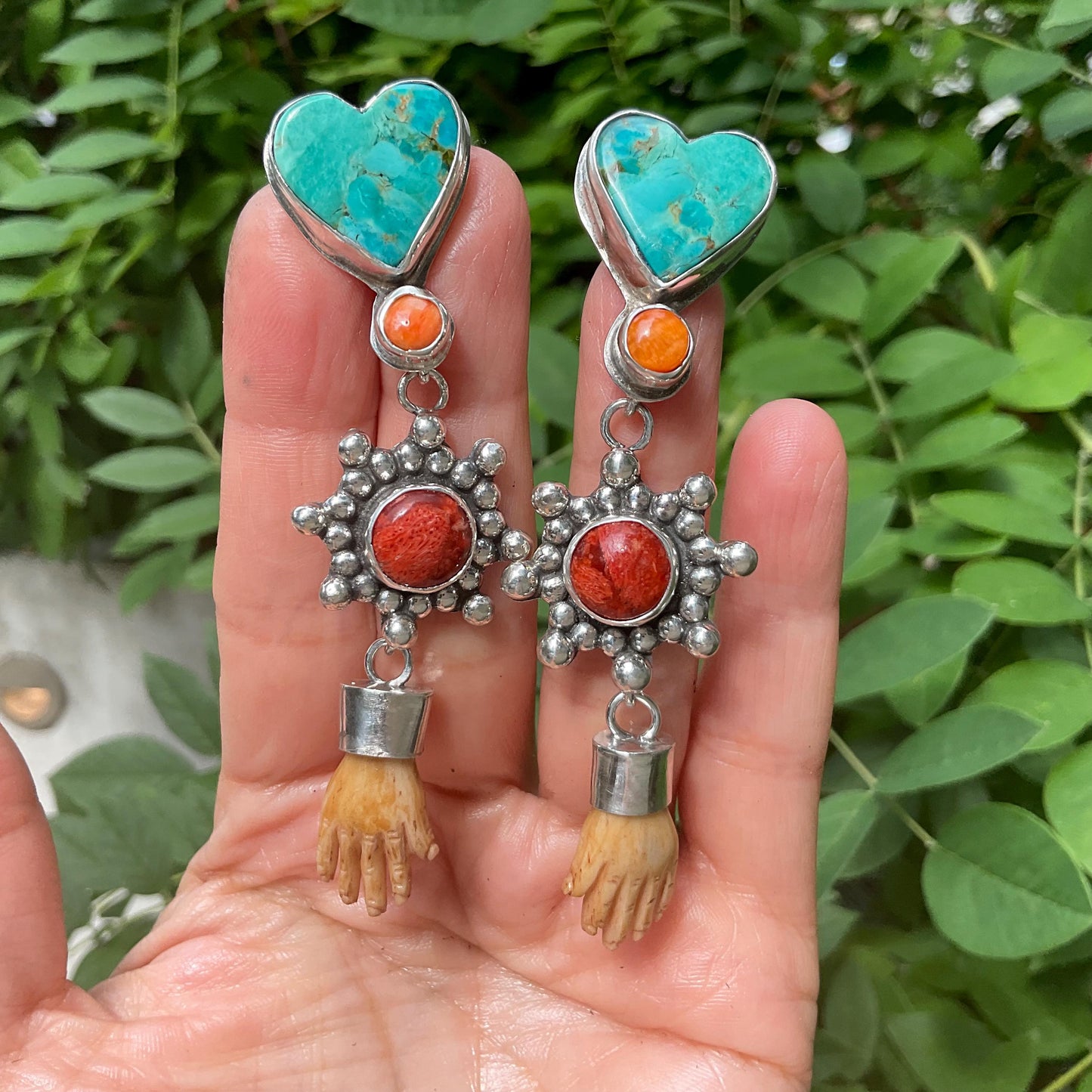 Sterling Silver turquoise coral whimsical hand dangle earrings Colors Of Etnika