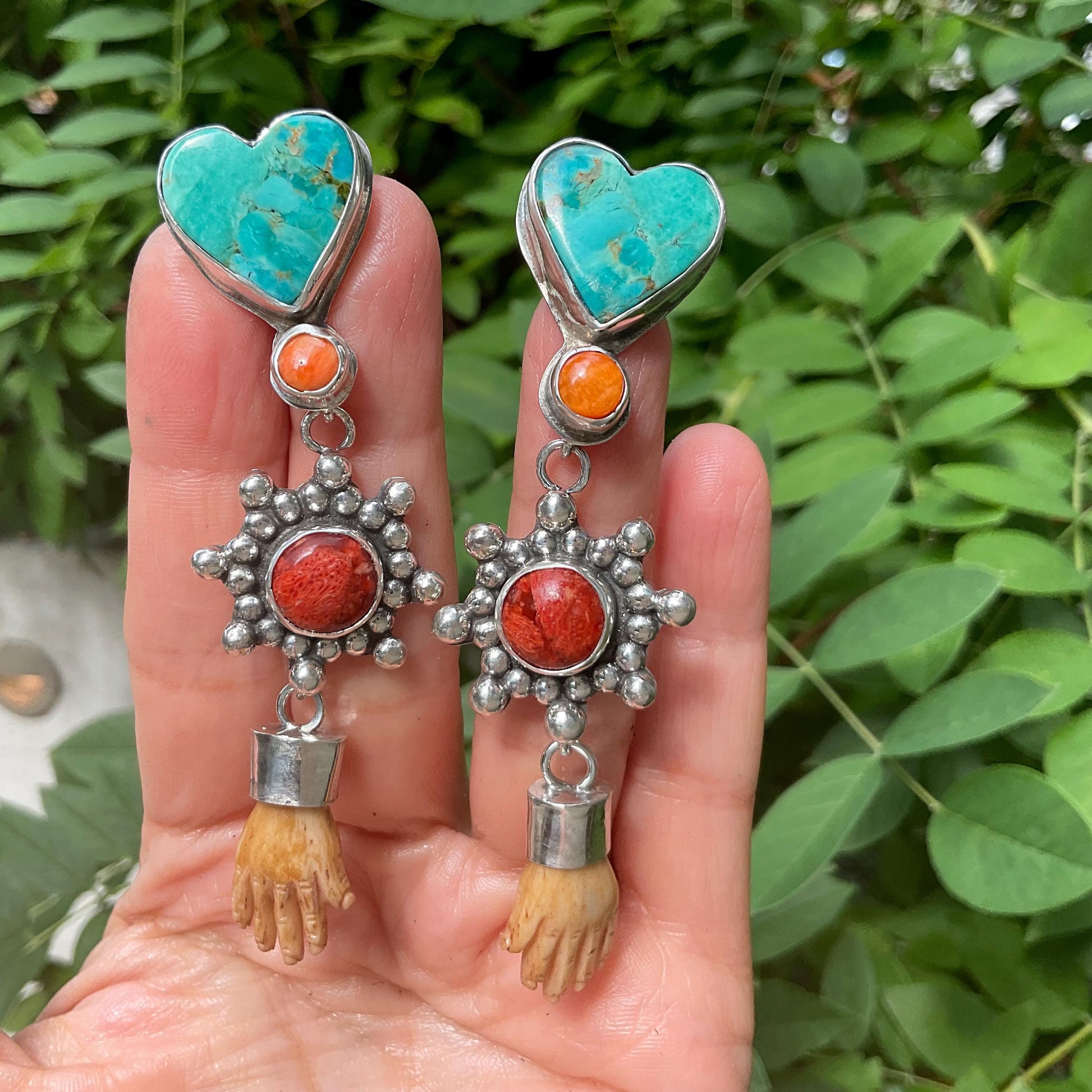 Sterling Silver turquoise coral whimsical hand dangle earrings Colors Of Etnika
