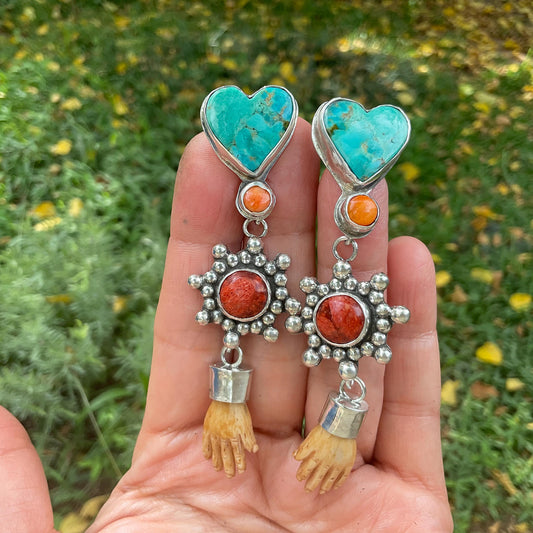 Sterling Silver turquoise coral whimsical hand dangle earrings Colors Of Etnika