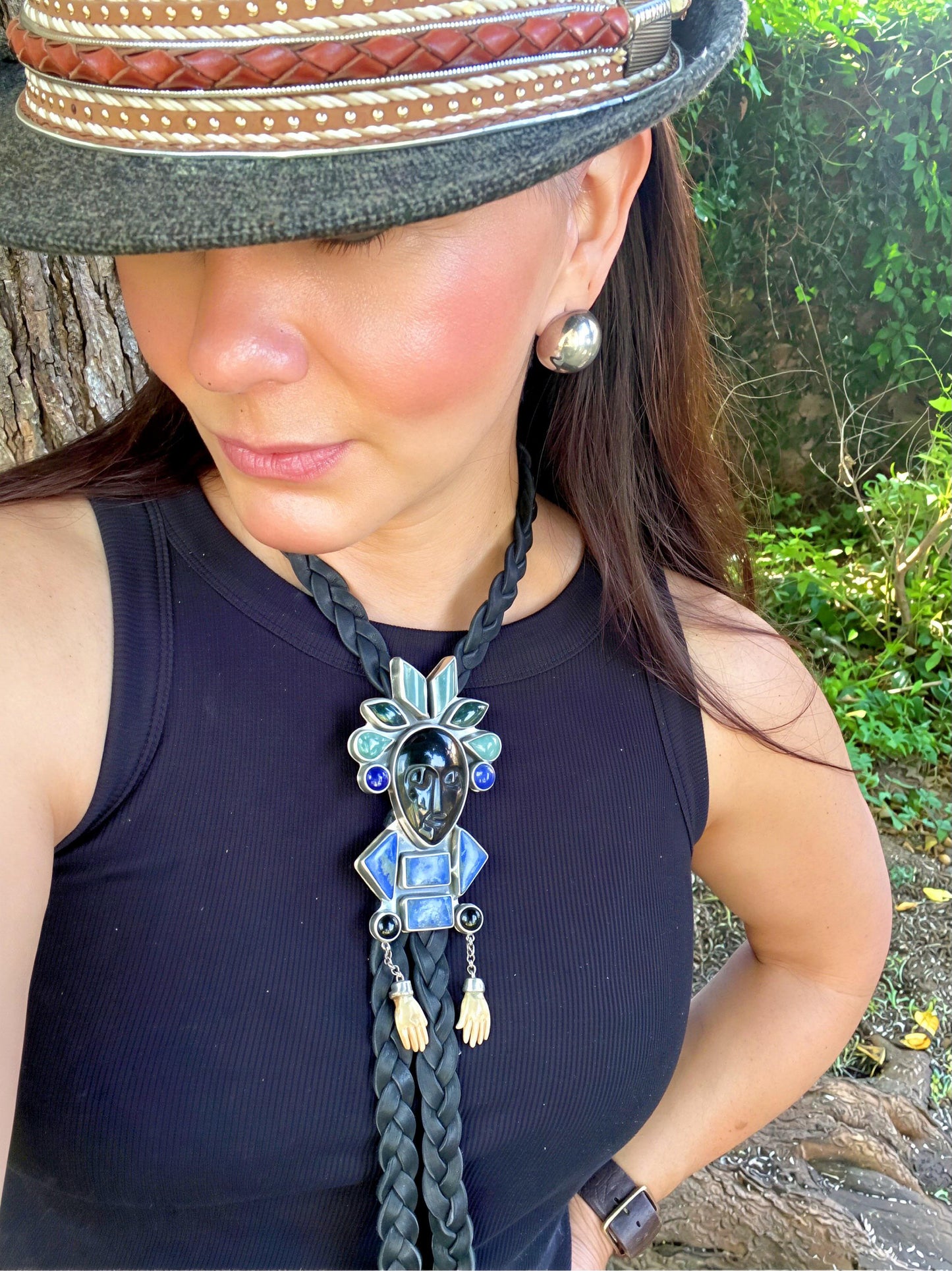 Sterling silver Guatemalan Jade art oversize bolo tie necklace Colors Of Etnika