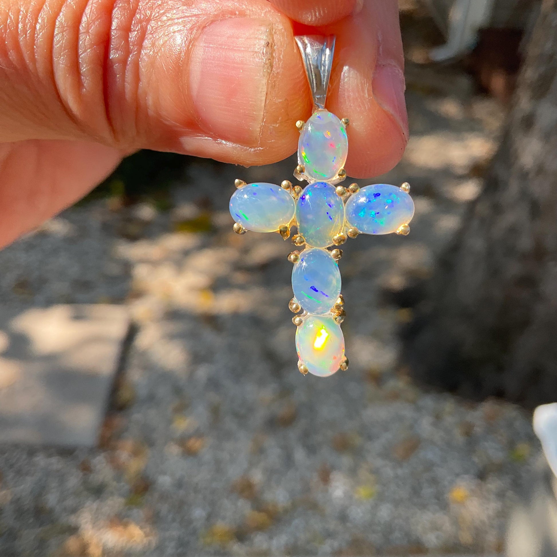 Sterling Silver large rainbow opal cross pendant Colors Of Etnika