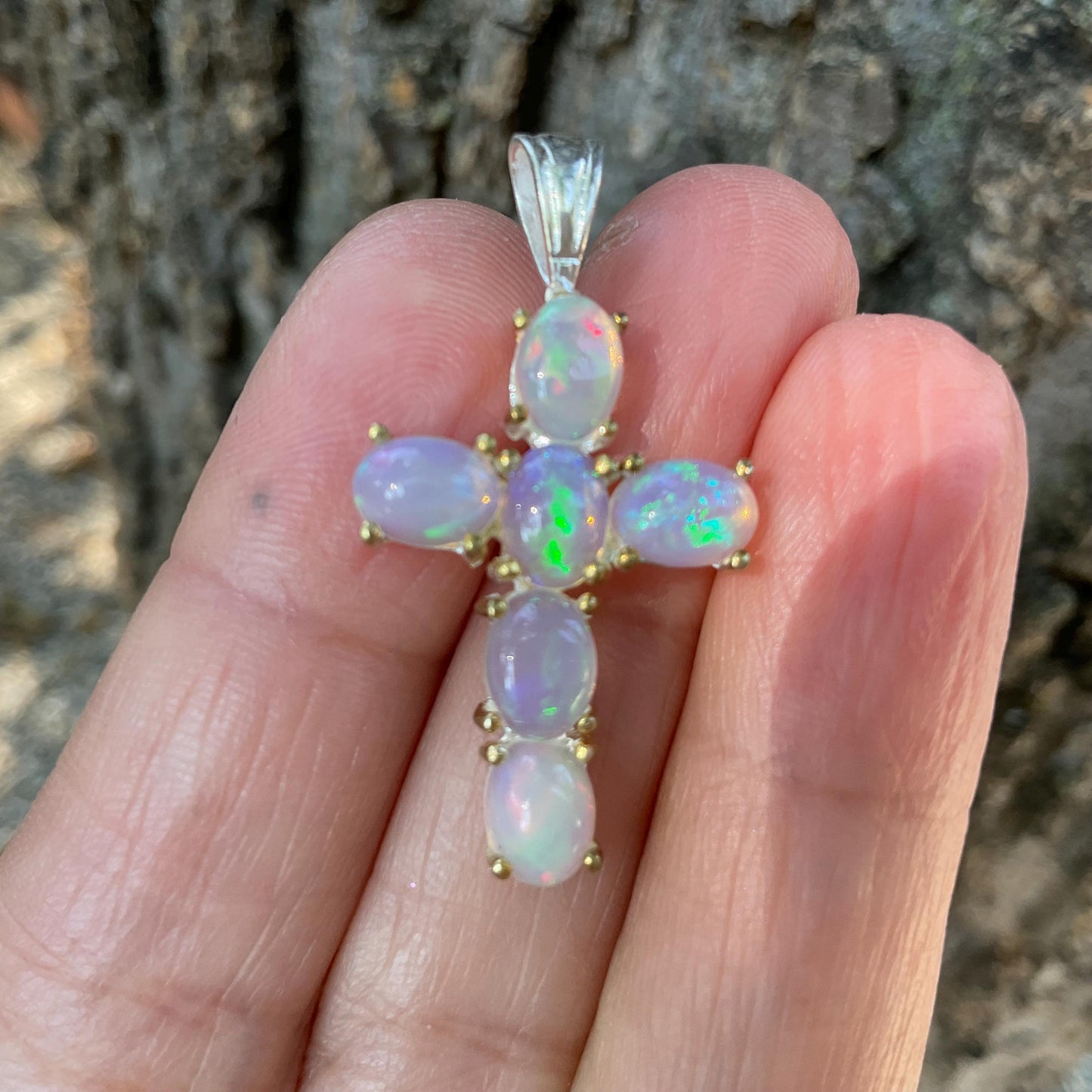 Sterling Silver large rainbow opal cross pendant Colors Of Etnika