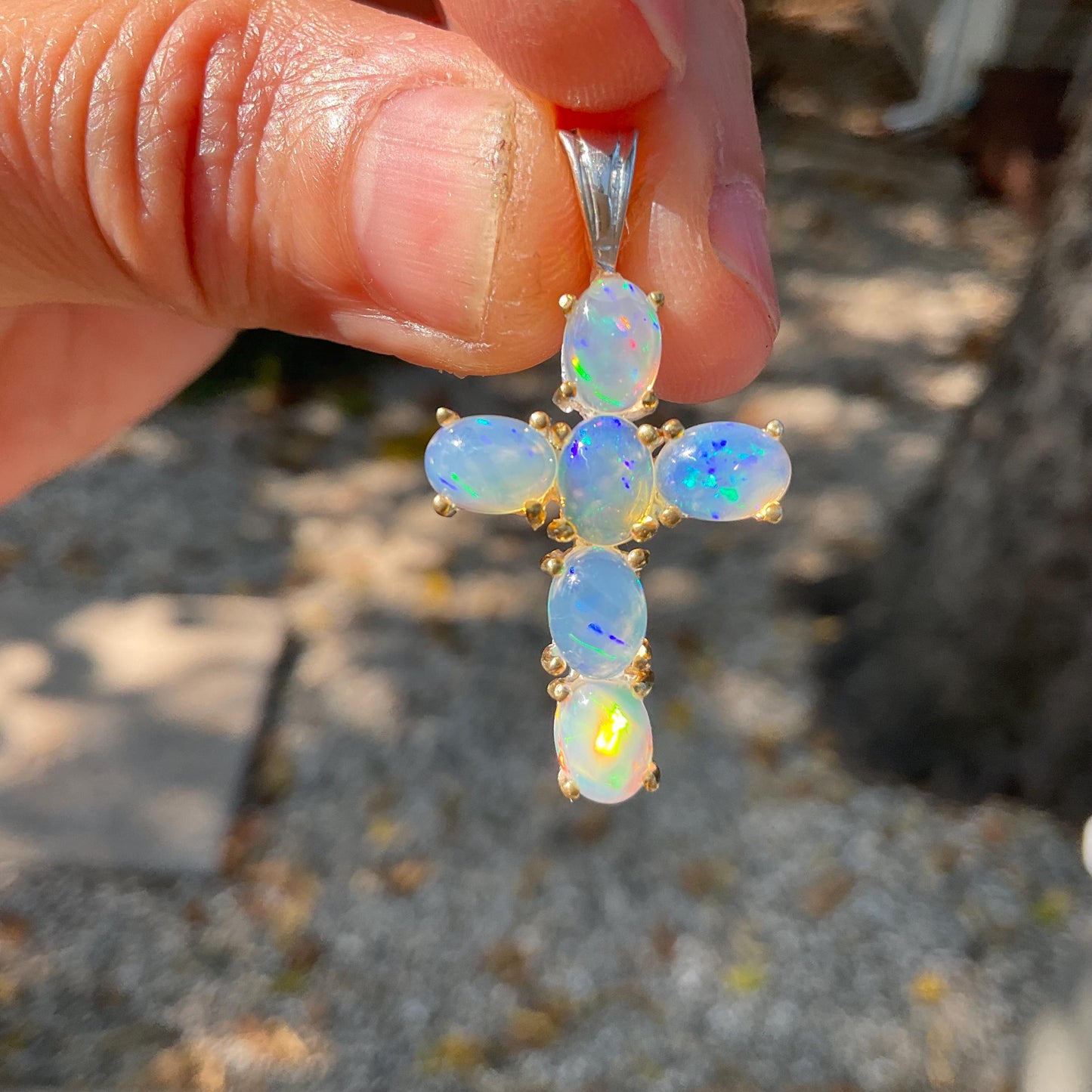 Sterling Silver large rainbow opal cross pendant Colors Of Etnika