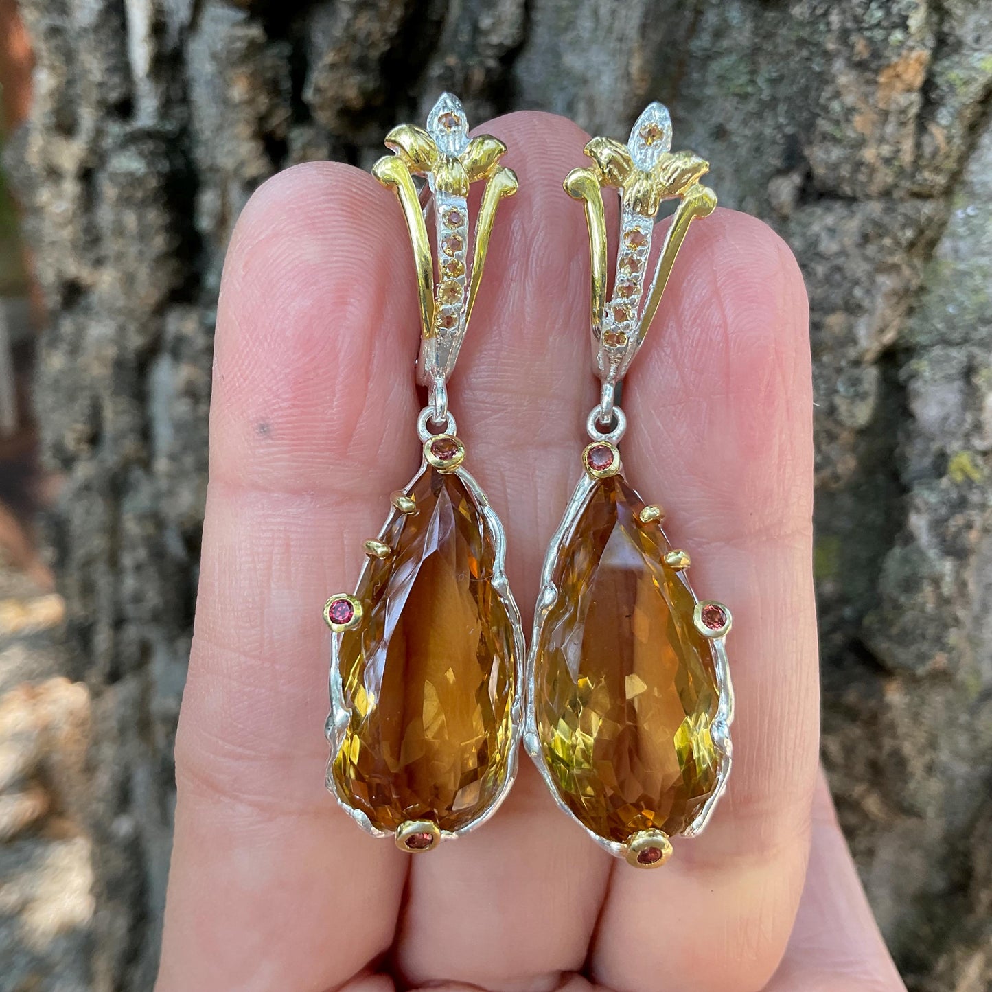 Sterling silver pear shape citrine rhodolite dangle fancy earrings Colors Of Etnika
