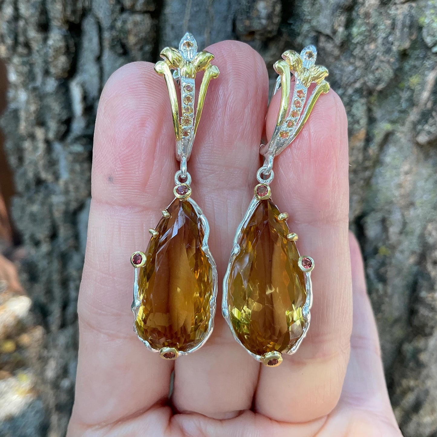 Sterling silver pear shape citrine rhodolite dangle fancy earrings Colors Of Etnika