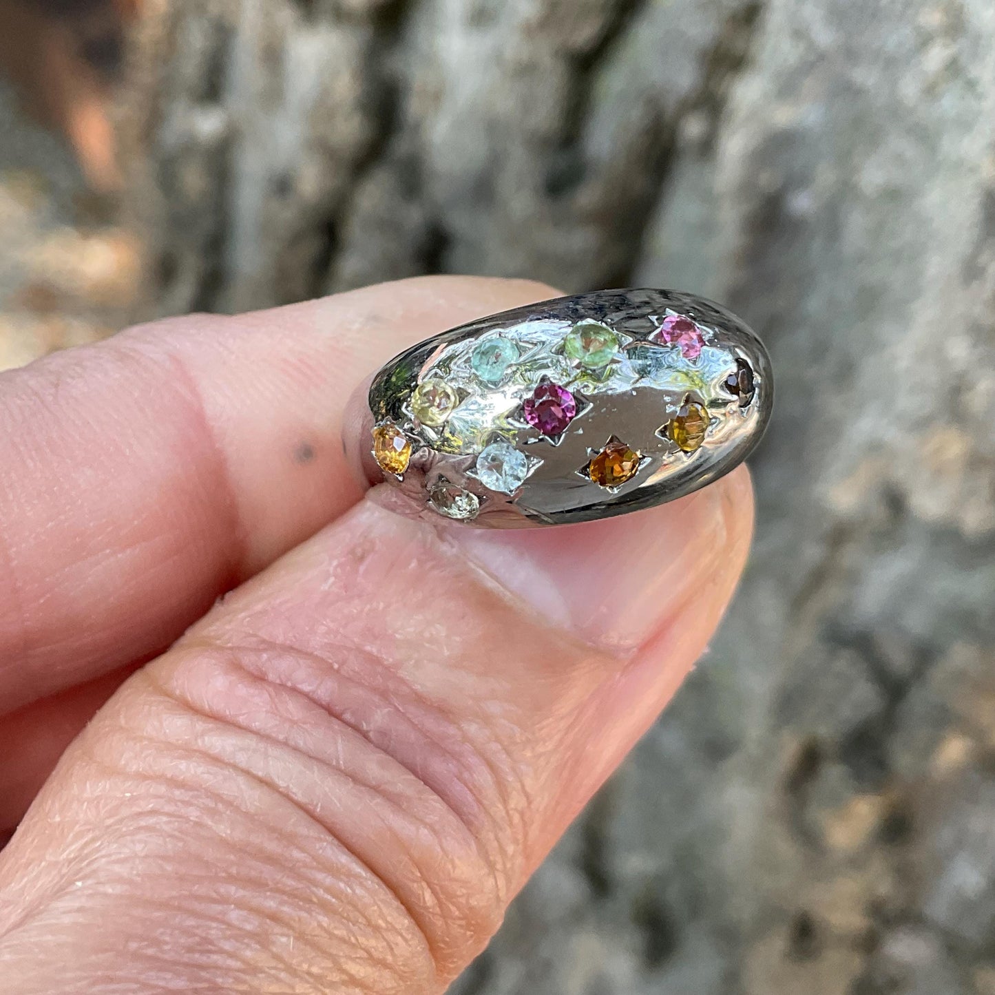 Handmade Sterling Natural tourmaline multi color Band ring 7 Colors Of Etnika