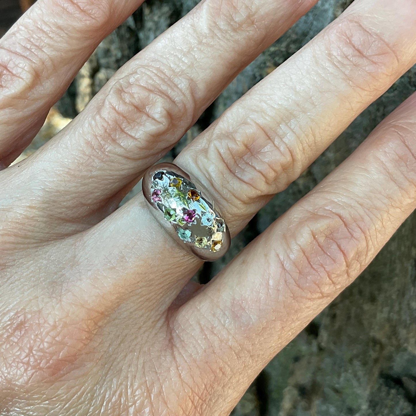 Handmade Sterling Natural tourmaline multi color Band ring 7 Colors Of Etnika
