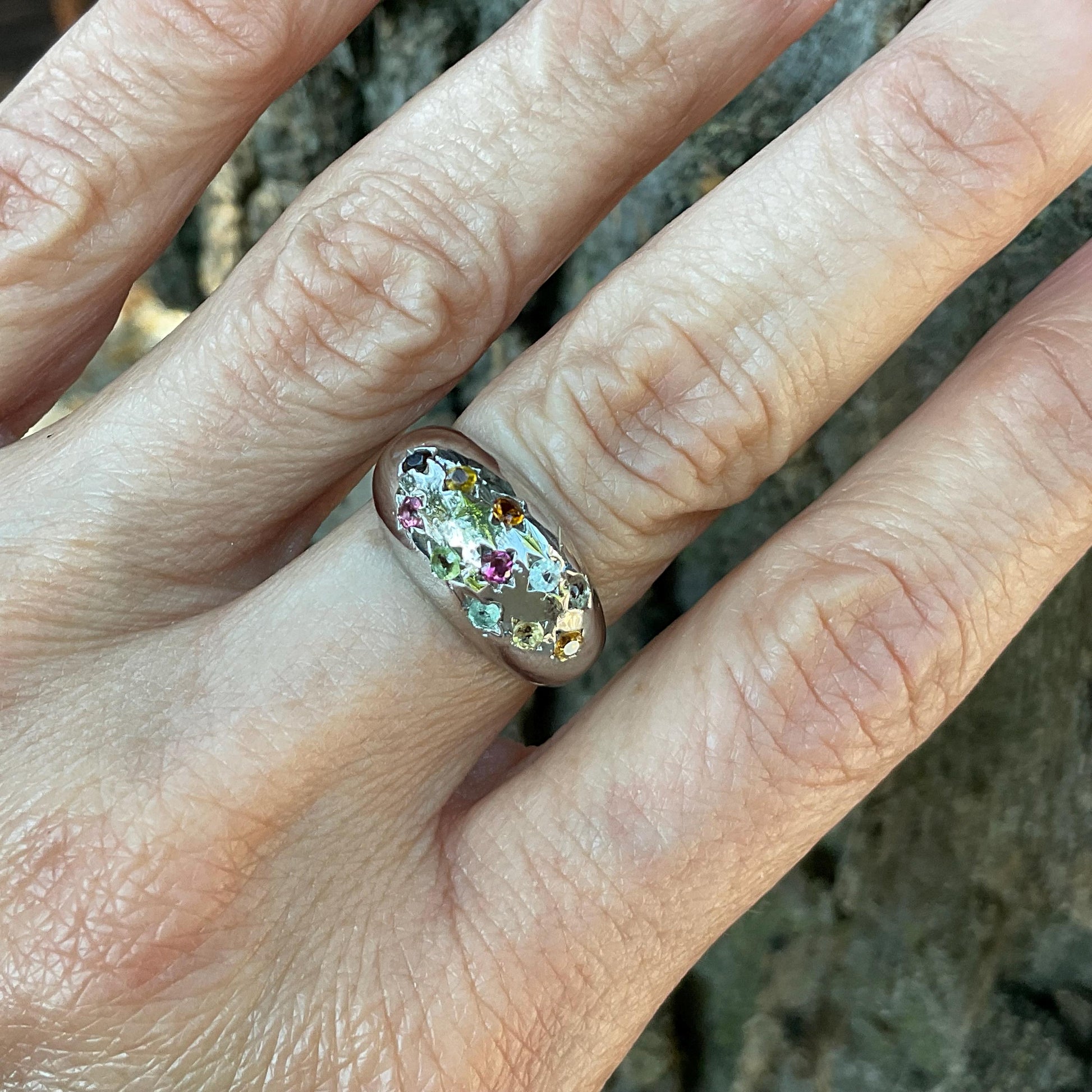 Handmade Sterling Natural tourmaline multi color Band ring 7 Colors Of Etnika