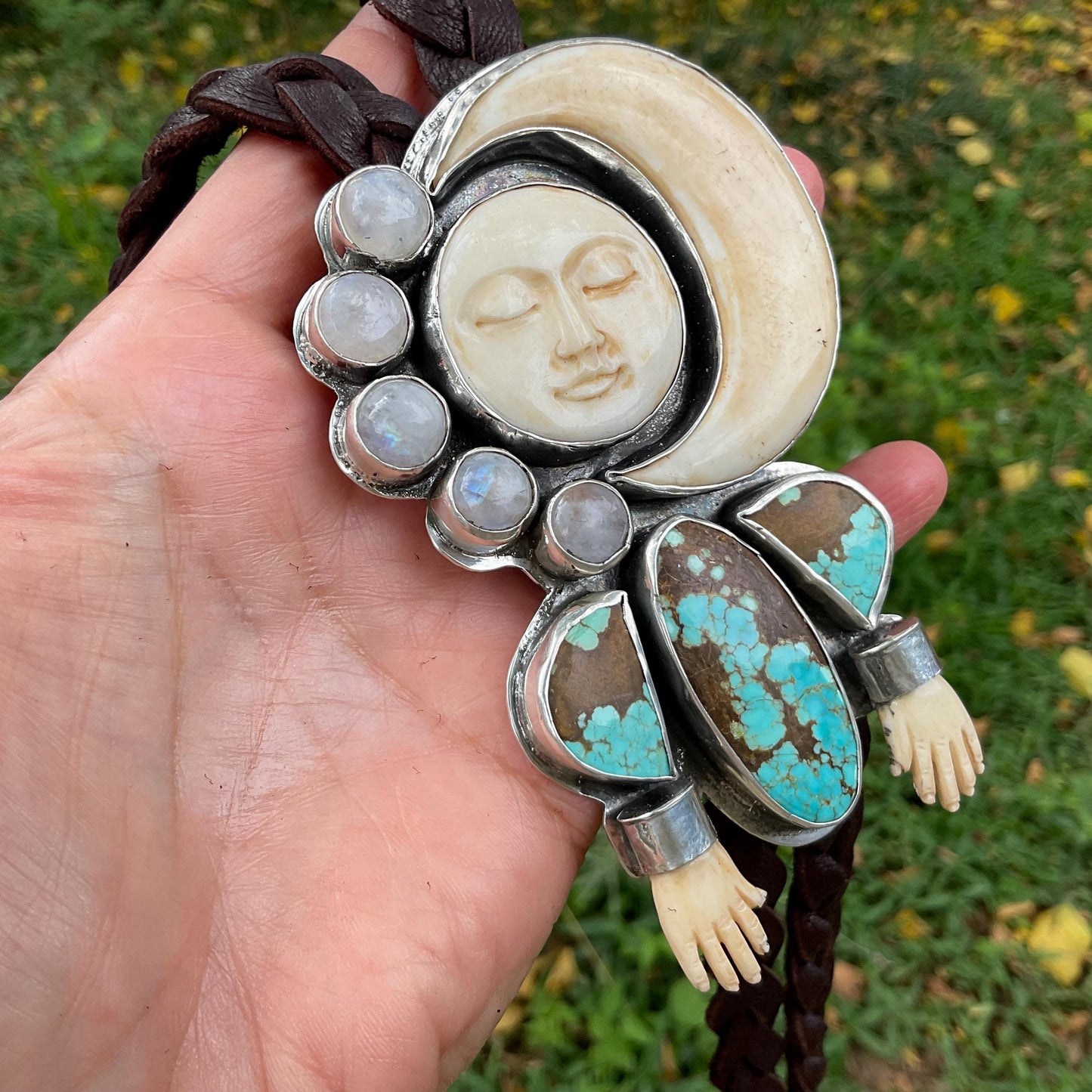 Sterling silver turquoise man on the moon art oversize bolo tie necklace Colors Of Etnika