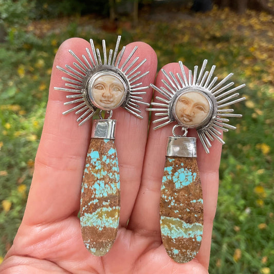 Sterling Silver carved sunburst turquoise long dangle earrings Colors Of Etnika