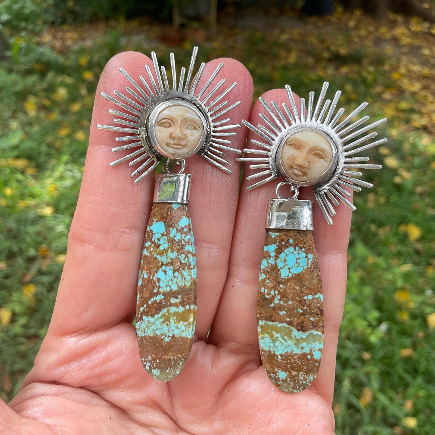 Sterling Silver carved sunburst turquoise long dangle earrings Colors Of Etnika