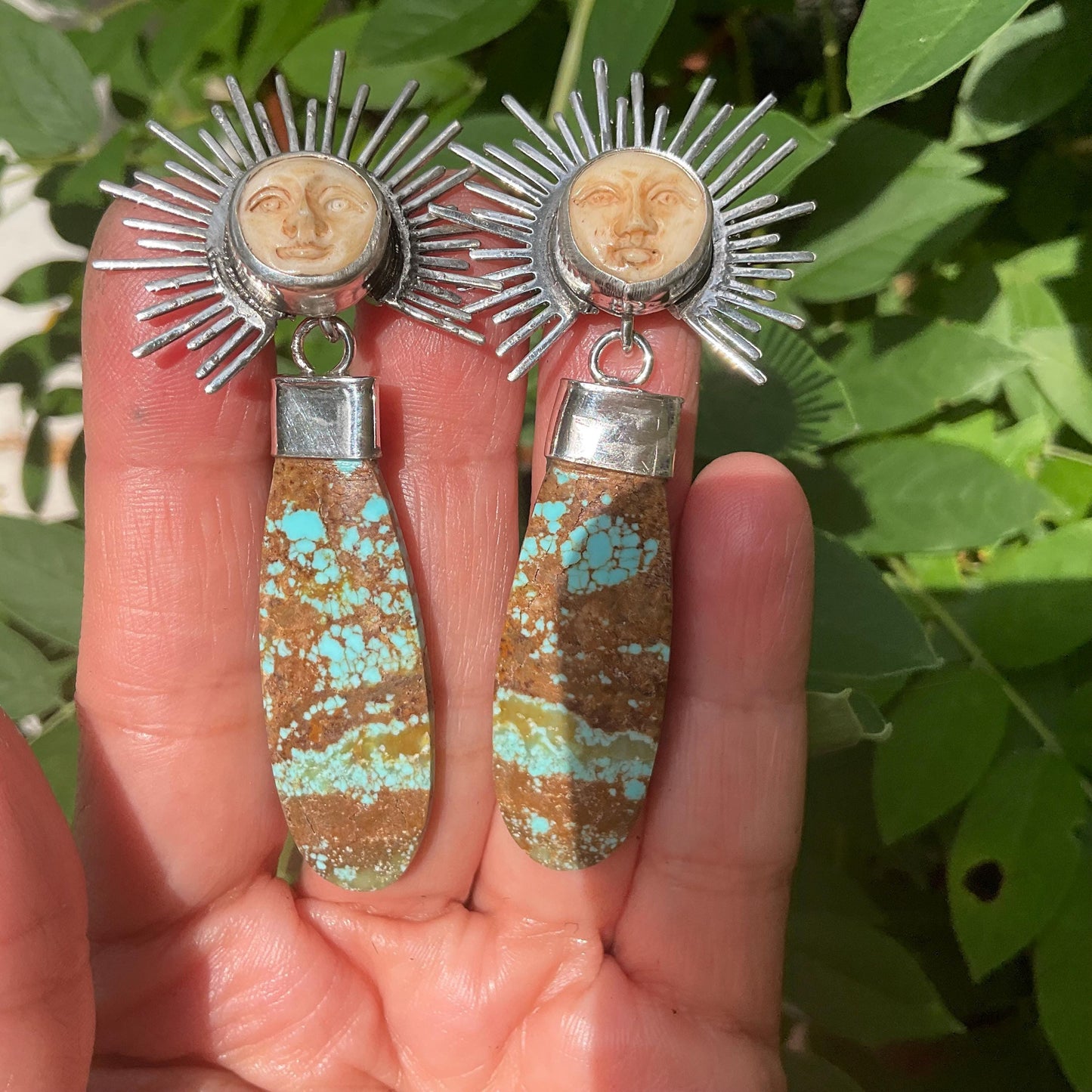 Sterling Silver carved sunburst turquoise long dangle earrings Colors Of Etnika