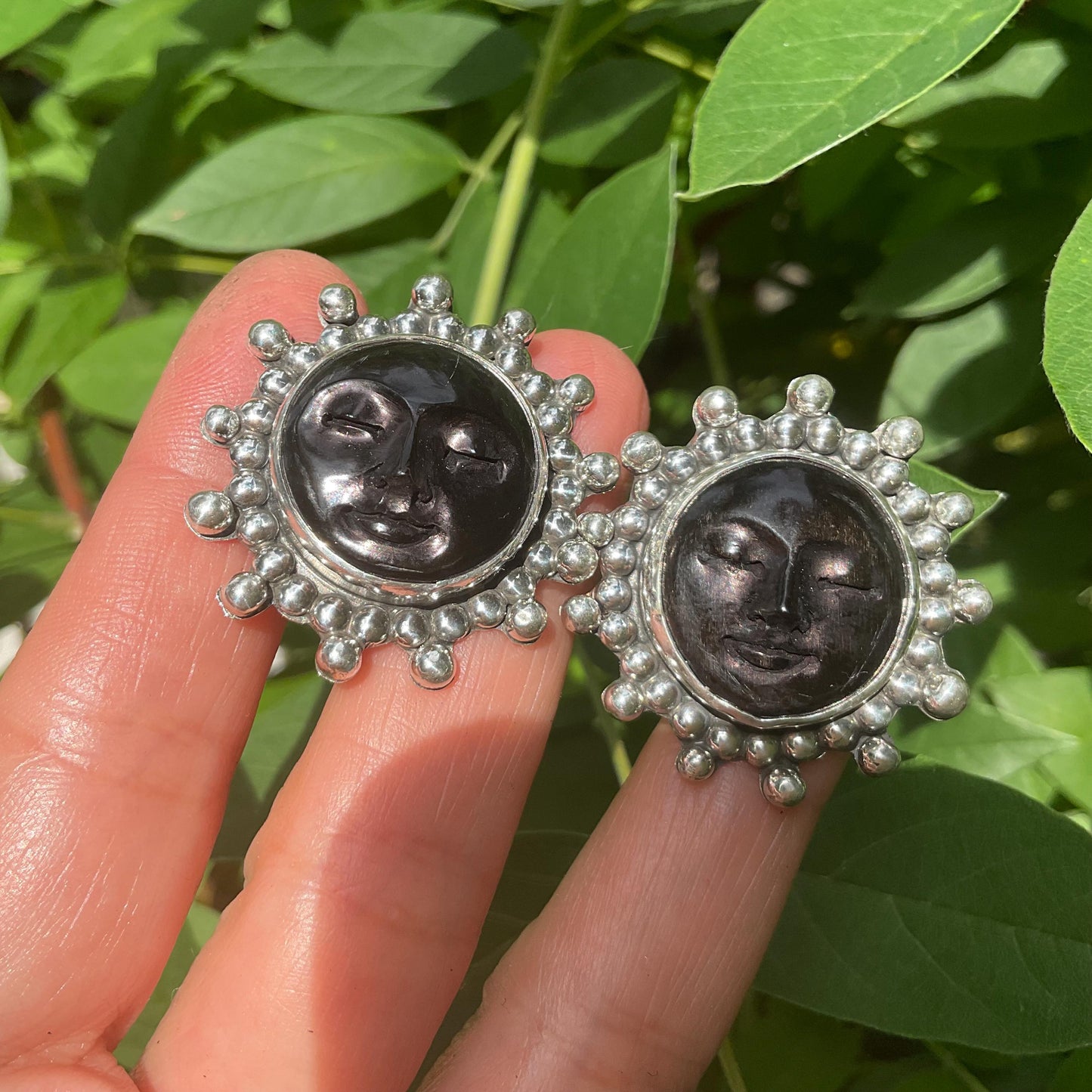 Sterling Silver carved black horn sunburst post earrings Colors Of Etnika