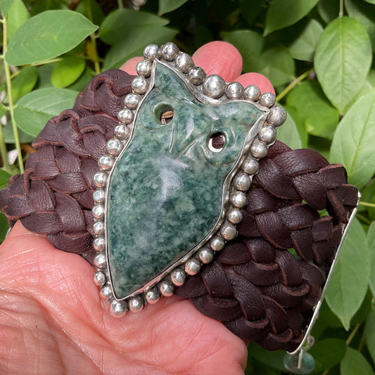 sterling silver oversize Guatemalan Jade Owl leather bracelet Colors Of Etnika
