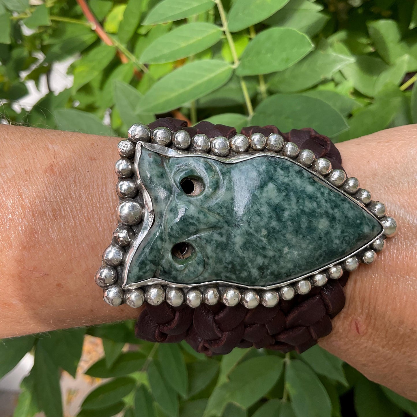 sterling silver oversize Guatemalan Jade Owl leather bracelet Colors Of Etnika