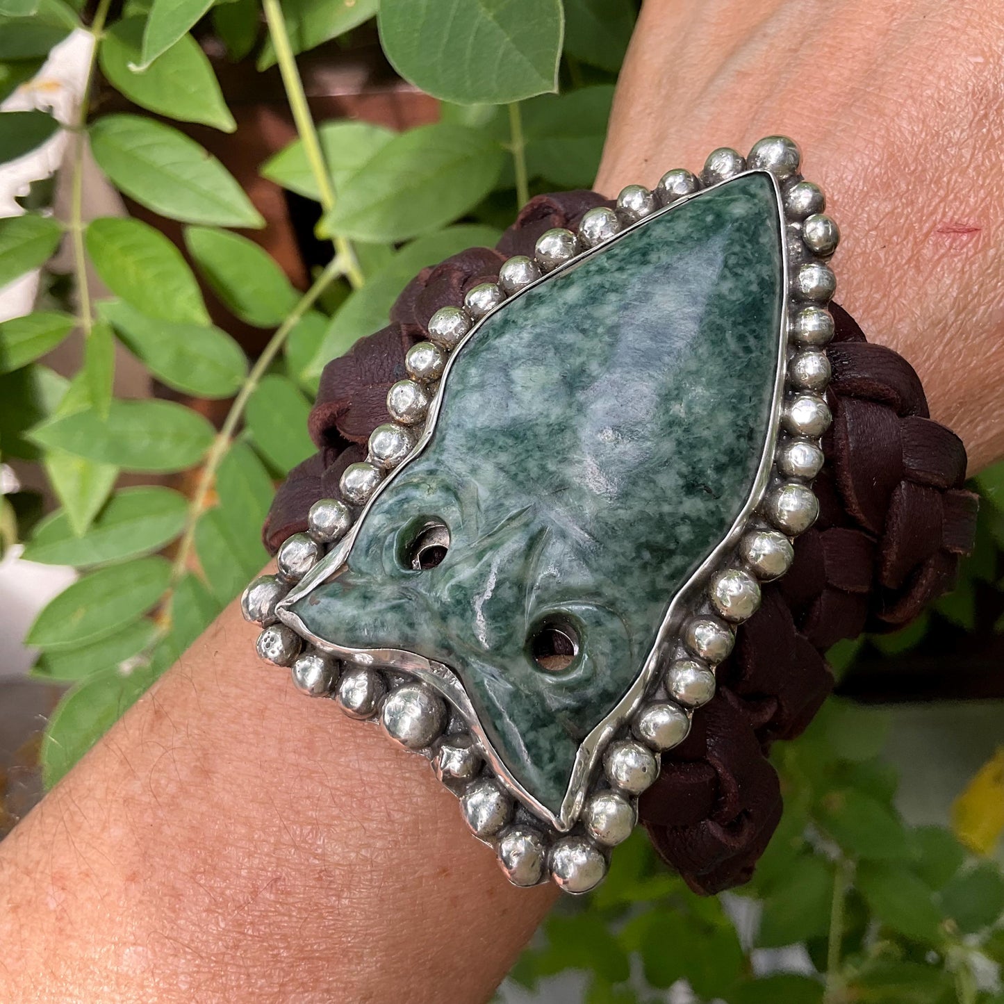 sterling silver oversize Guatemalan Jade Owl leather bracelet Colors Of Etnika