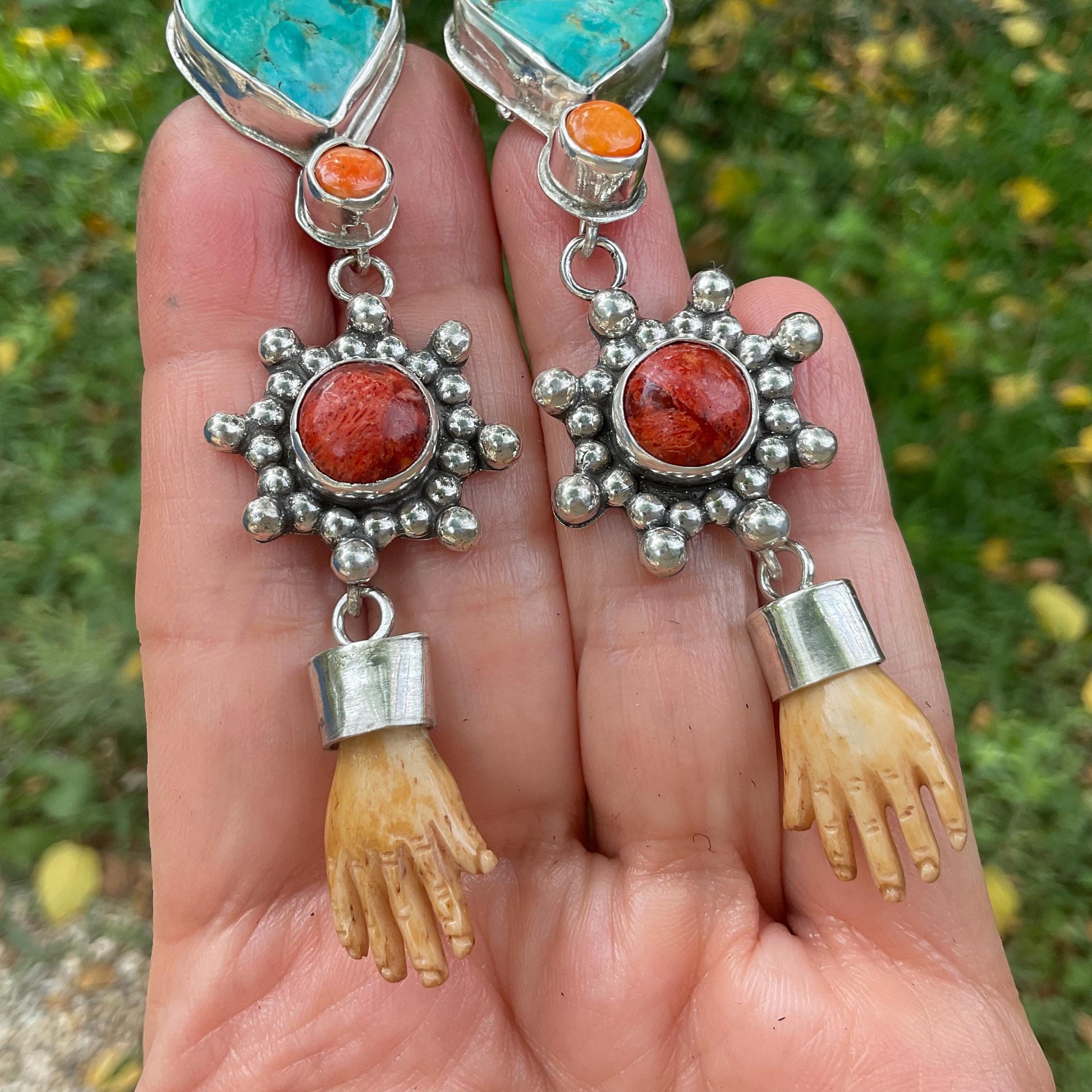 Sterling Silver turquoise coral whimsical hand dangle earrings Colors Of Etnika
