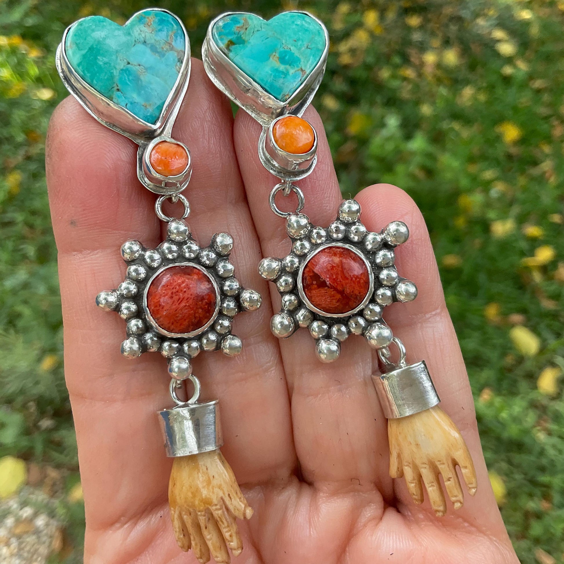 Sterling Silver turquoise coral whimsical hand dangle earrings Colors Of Etnika