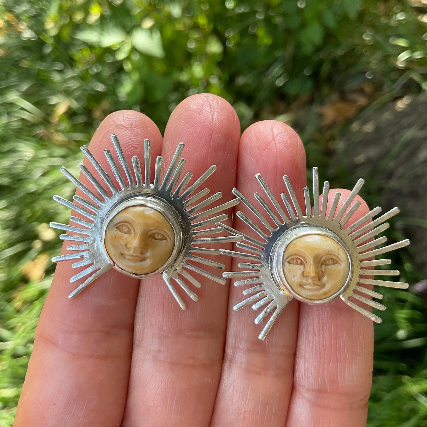 Sterling Silver carved sunburst face post earrings Colors Of Etnika