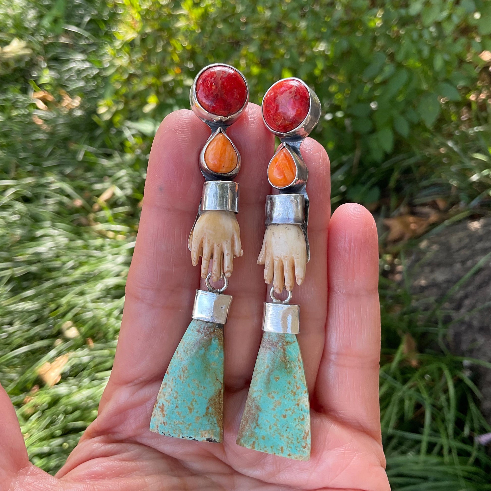 Sterling Silver turquoise spiny coral whimsical hand dangle earrings Colors Of Etnika
