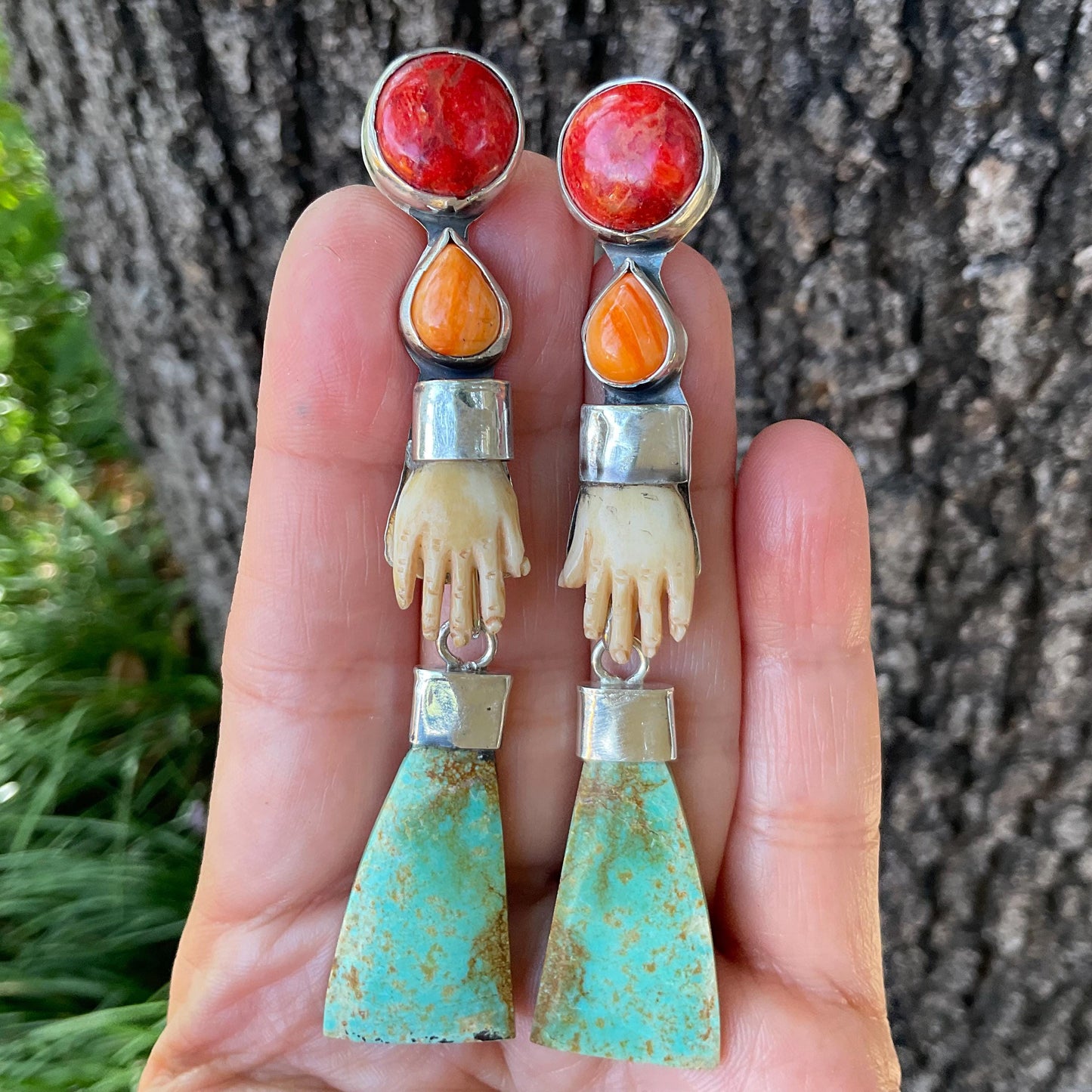 Sterling Silver turquoise spiny coral whimsical hand dangle earrings Colors Of Etnika