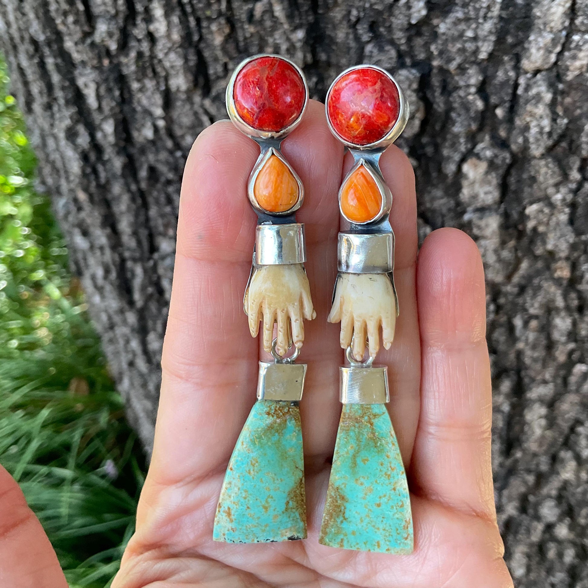 Sterling Silver turquoise spiny coral whimsical hand dangle earrings Colors Of Etnika