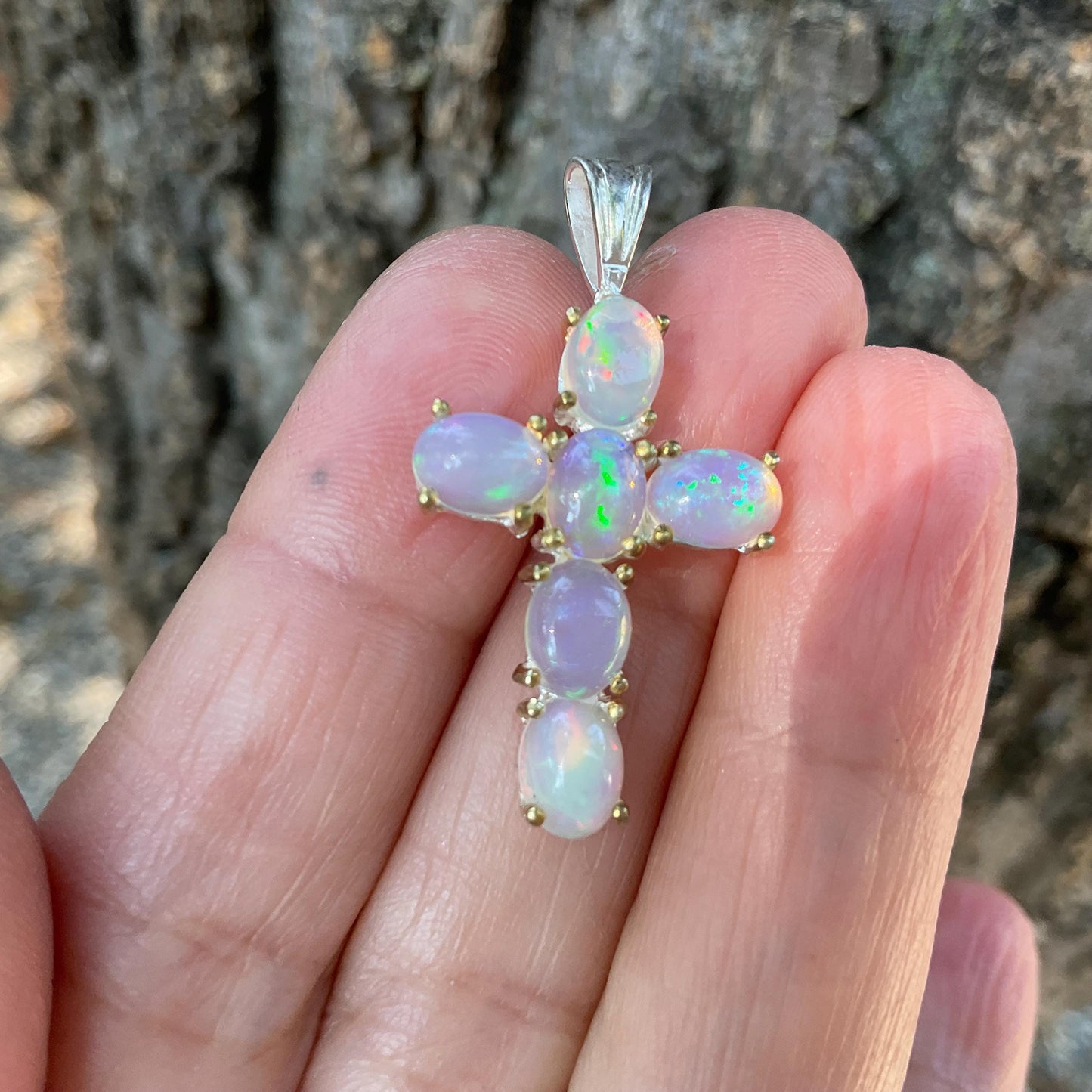 Sterling Silver large rainbow opal cross pendant Colors Of Etnika