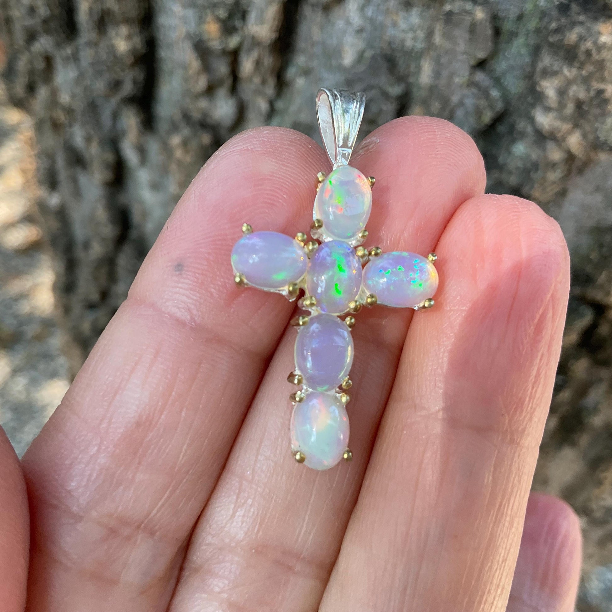Sterling Silver large rainbow opal cross pendant Colors Of Etnika