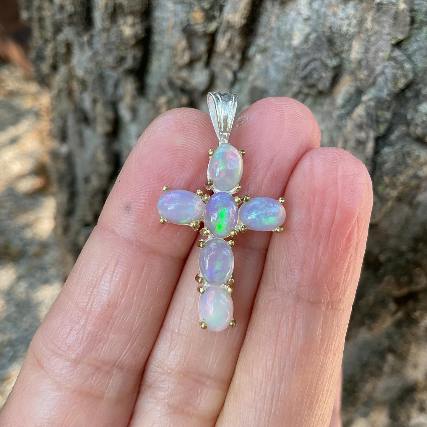 Sterling Silver large rainbow opal cross pendant Colors Of Etnika