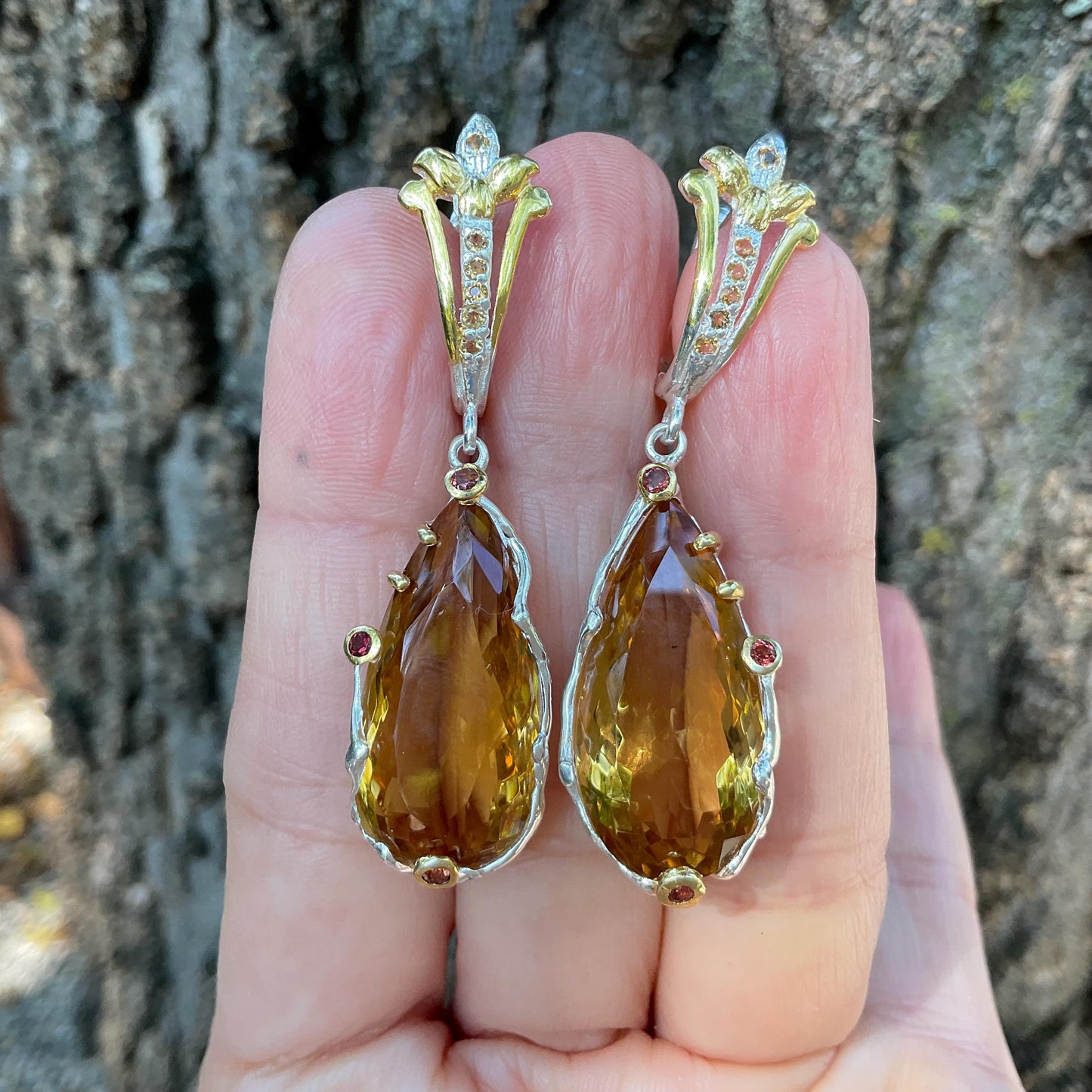 Sterling silver pear shape citrine rhodolite dangle fancy earrings Colors Of Etnika